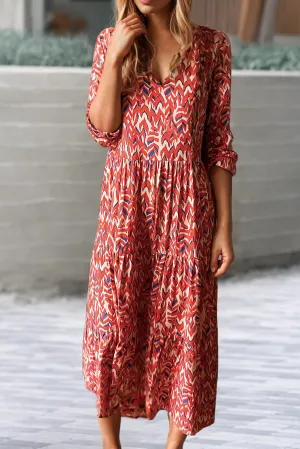 Abstract Print V Neck Pleated High Waist Midi Dress