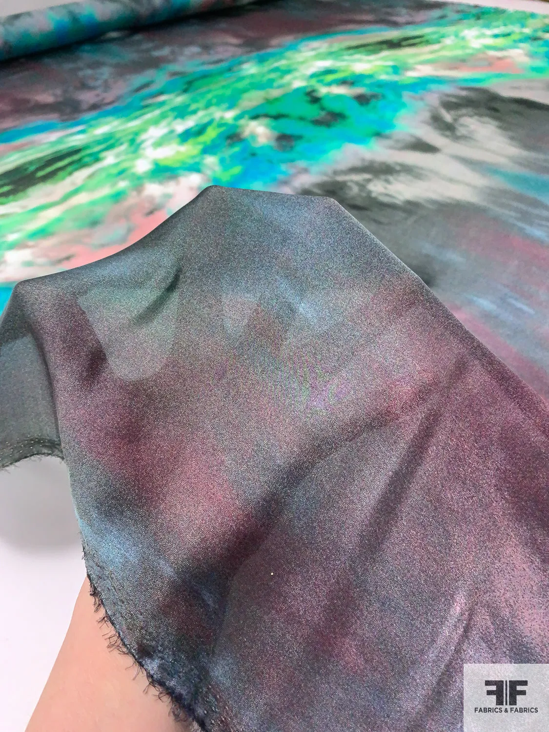 Abstract Printed Satin Silk Chiffon - Greens / Grey / Smokey Rose