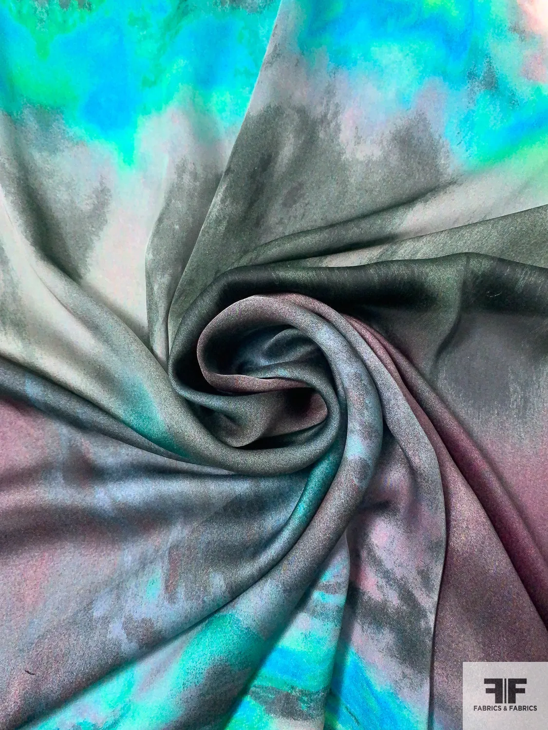 Abstract Printed Satin Silk Chiffon - Greens / Grey / Smokey Rose