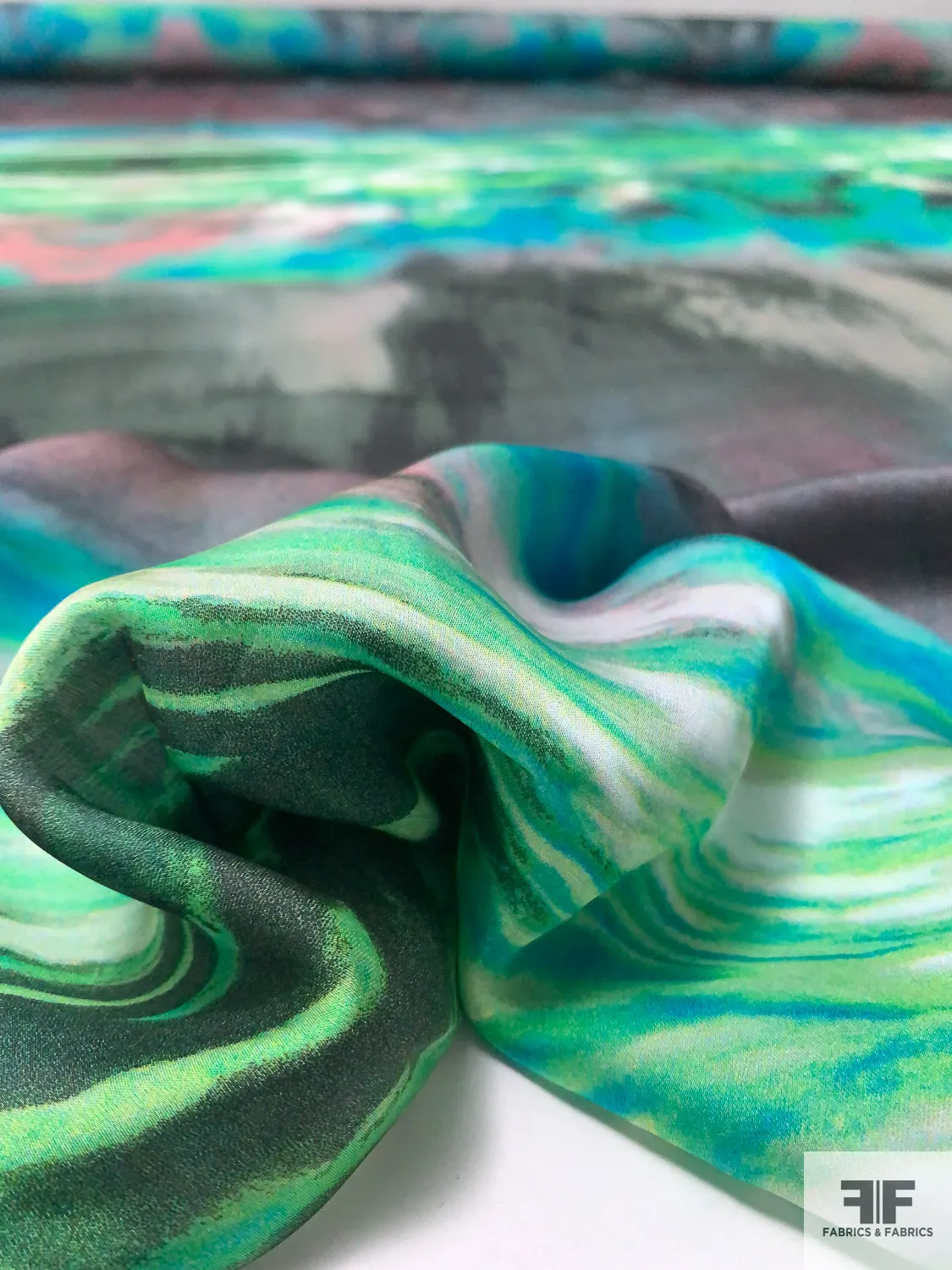 Abstract Printed Satin Silk Chiffon - Greens / Grey / Smokey Rose