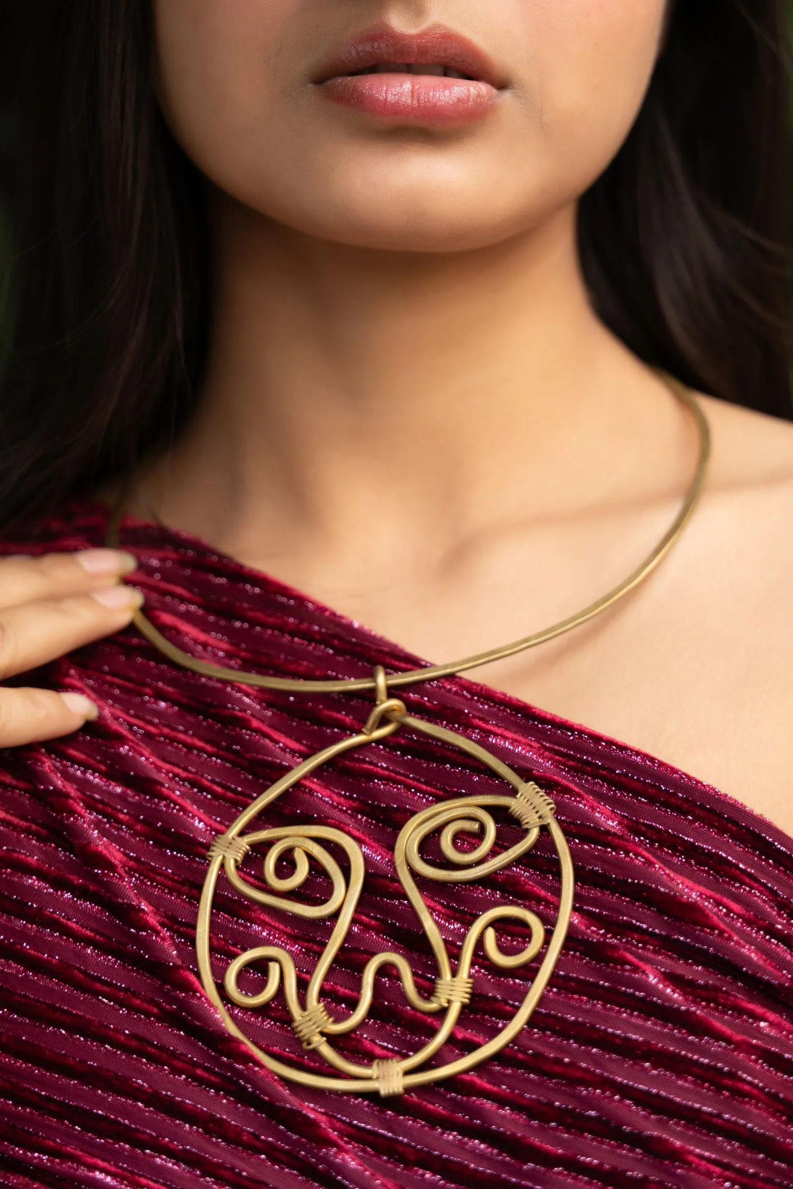 Artistic Handmade Dokra Brass Abstract Face Spiral Necklace - Unique Statement Jewelry Piece