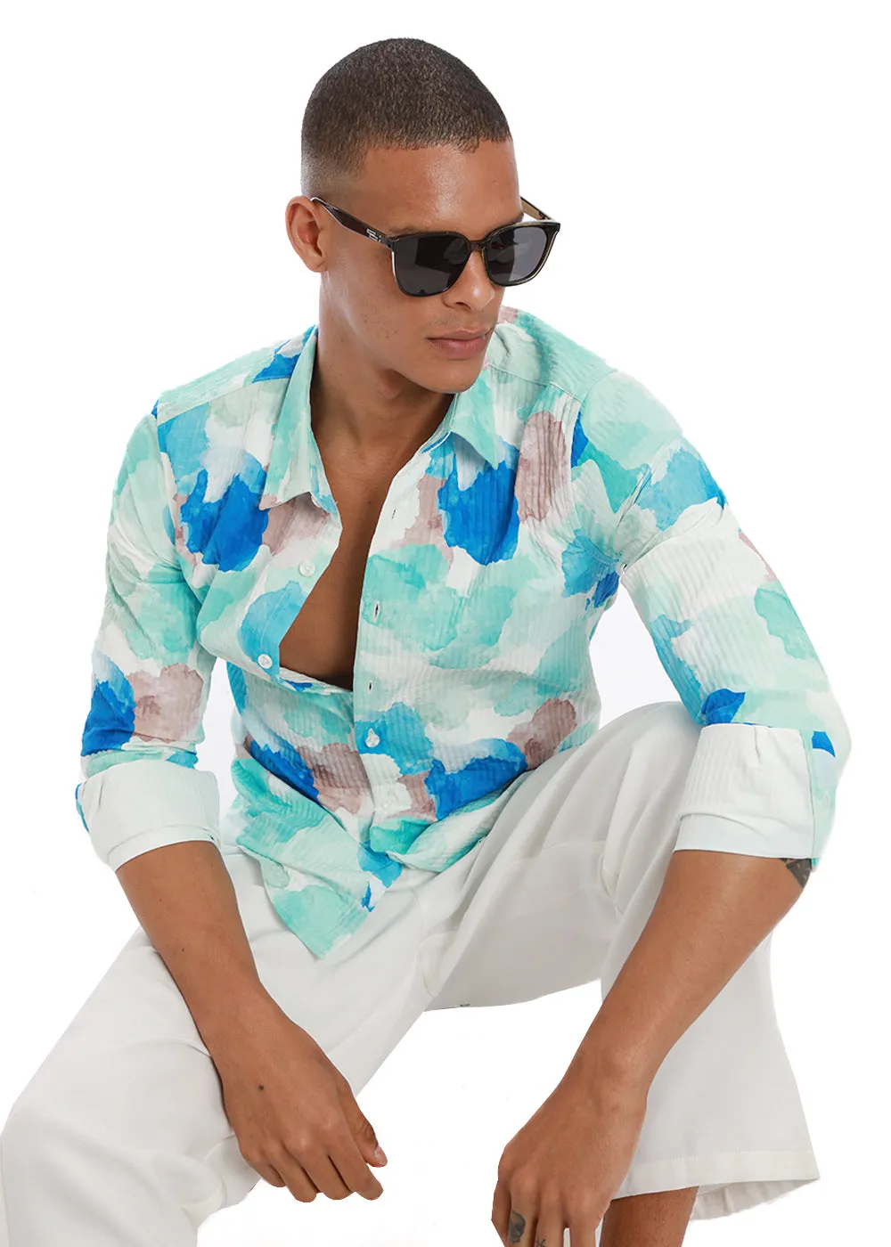 Azure Abstract Print Puff Shirt