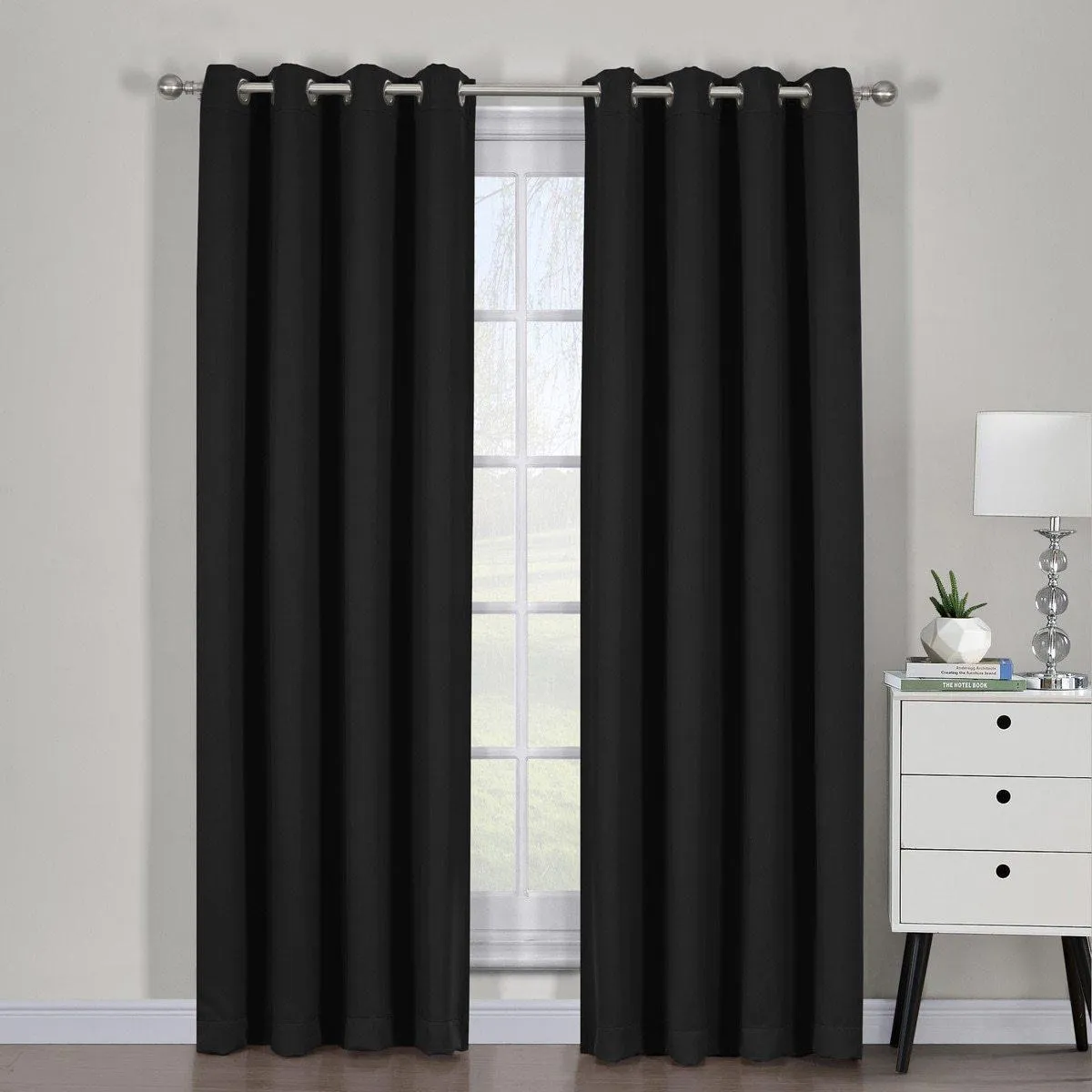 Black Ava Grommet Blackout Weave Curtain Panels With Tie Backs Pair (Set Of 2)