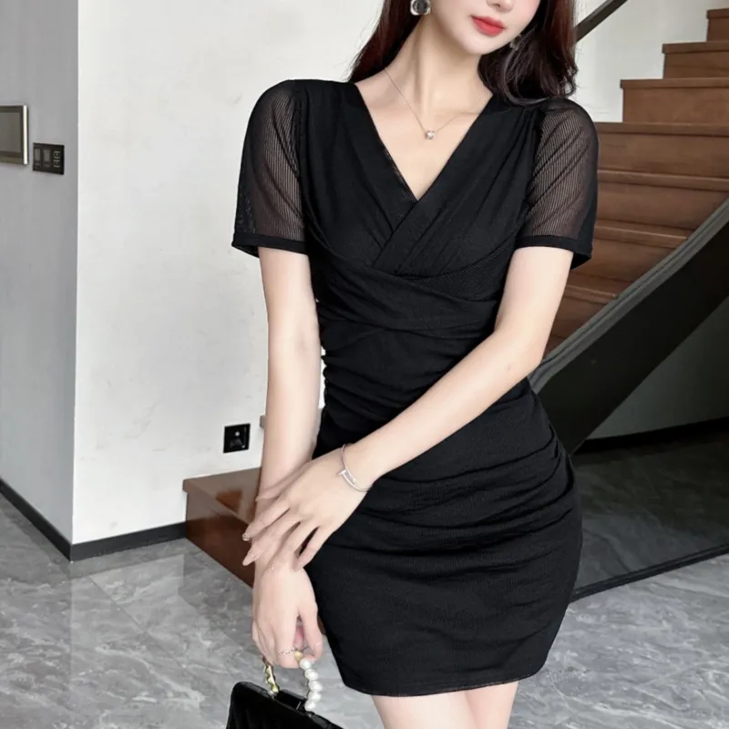 Black Mesh Dress with Short Sleeves, Wrap Collar