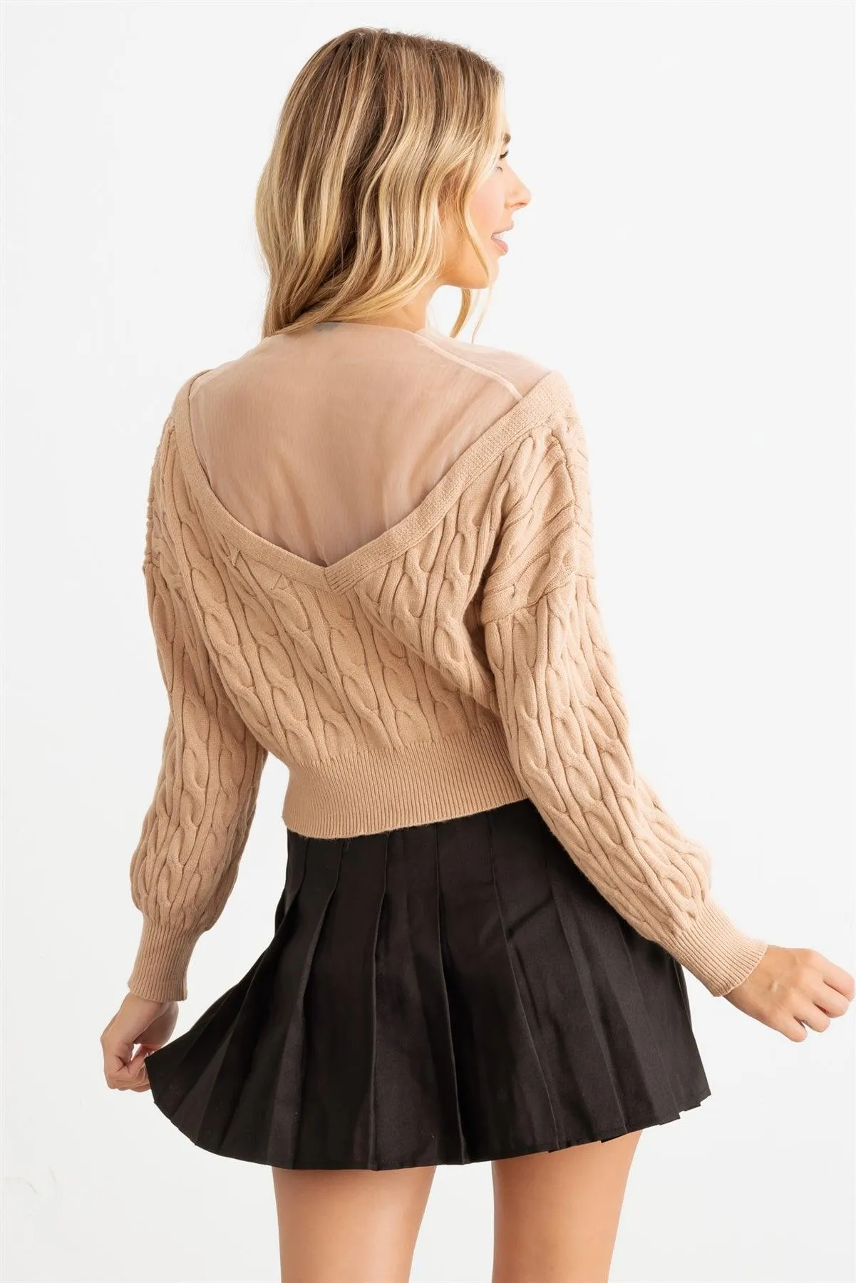 Cable Mesh Rhinestone Button-Up Dropped Shoulders Sweater