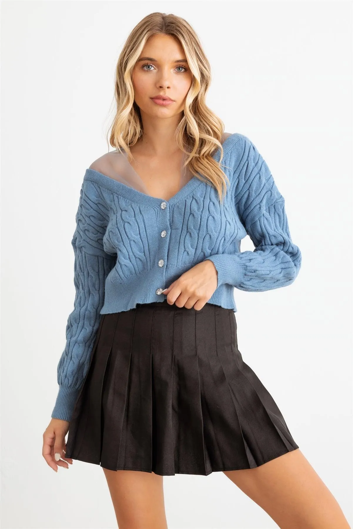 Cable Mesh Rhinestone Button-Up Dropped Shoulders Sweater