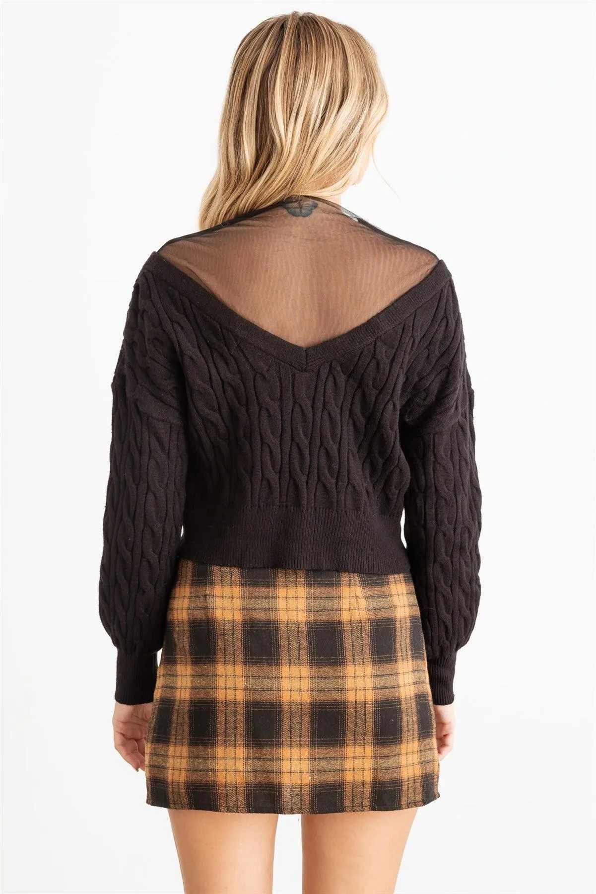 Cable Mesh Rhinestone Button-Up Dropped Shoulders Sweater