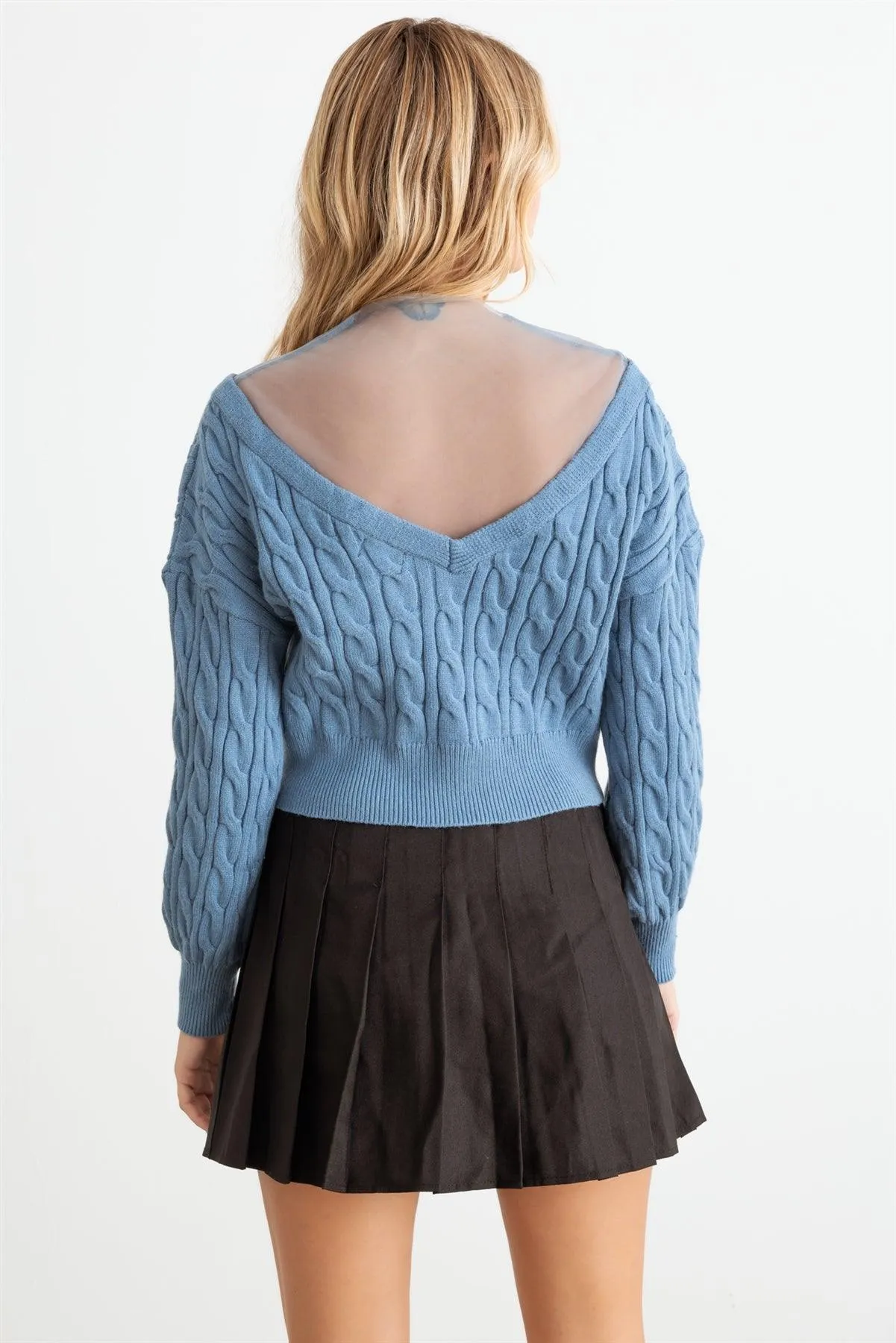 Cable Mesh Rhinestone Button-Up Dropped Shoulders Sweater