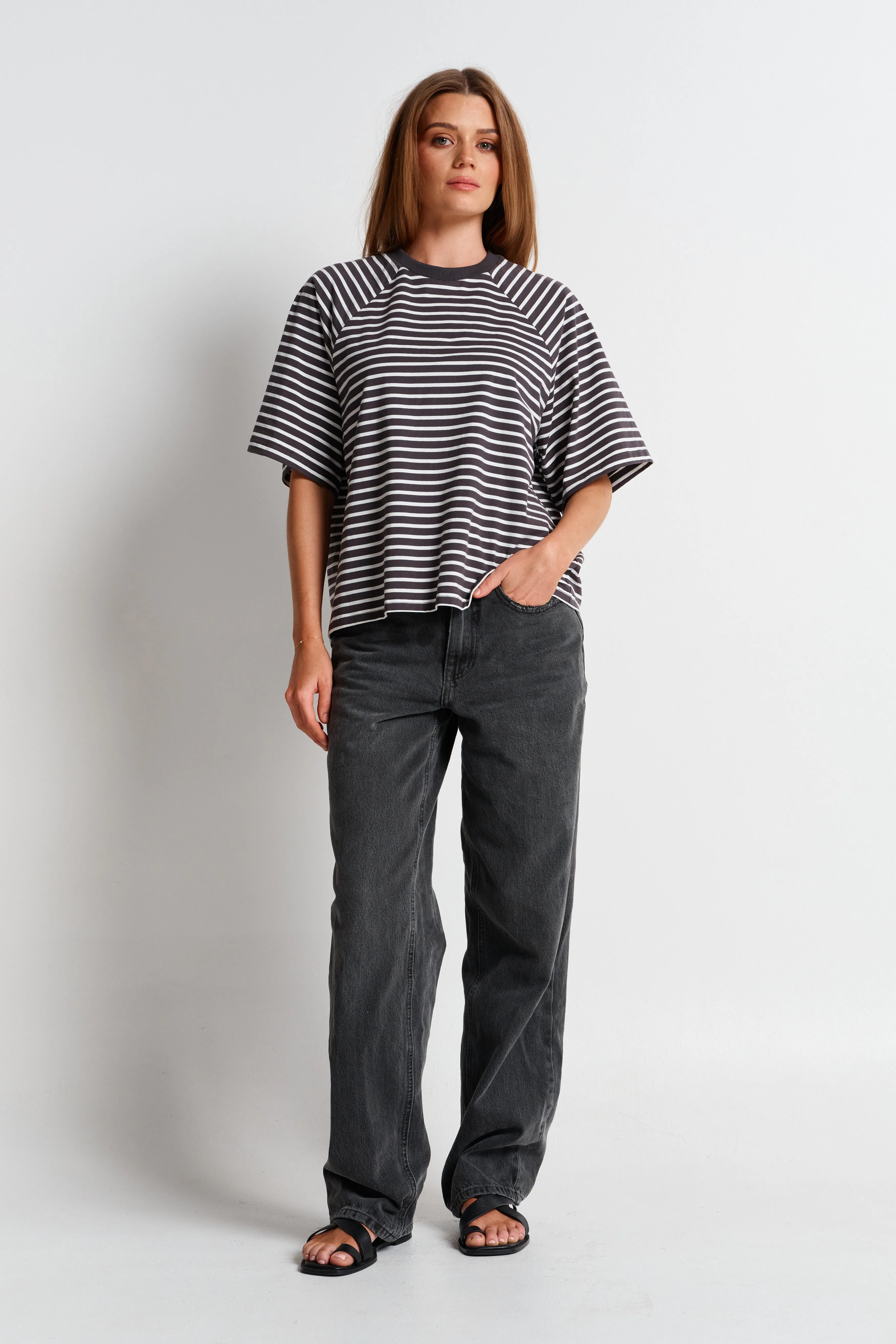 Classique Stripe Box-Cut Tee - Charcoal / White