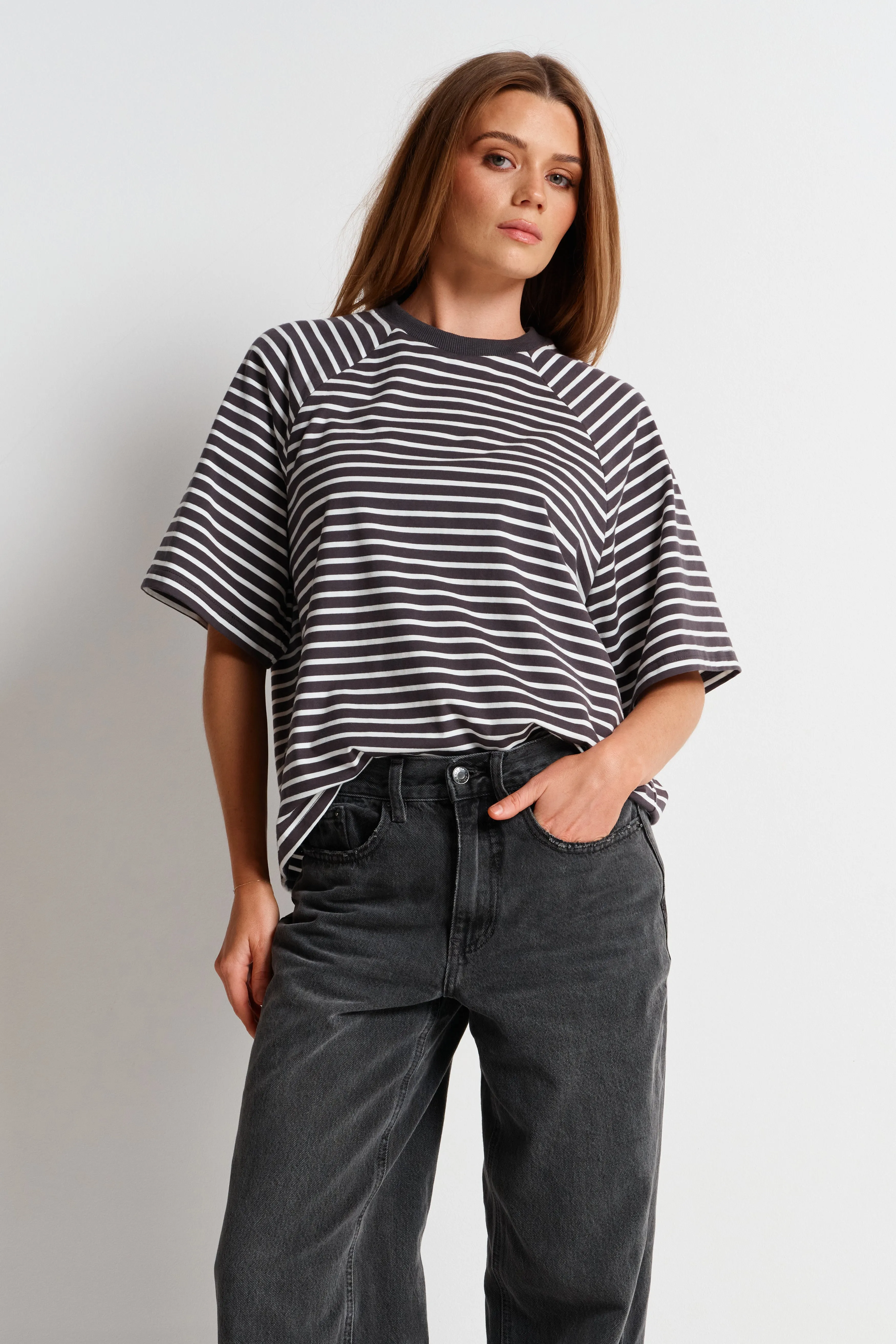 Classique Stripe Box-Cut Tee - Charcoal / White