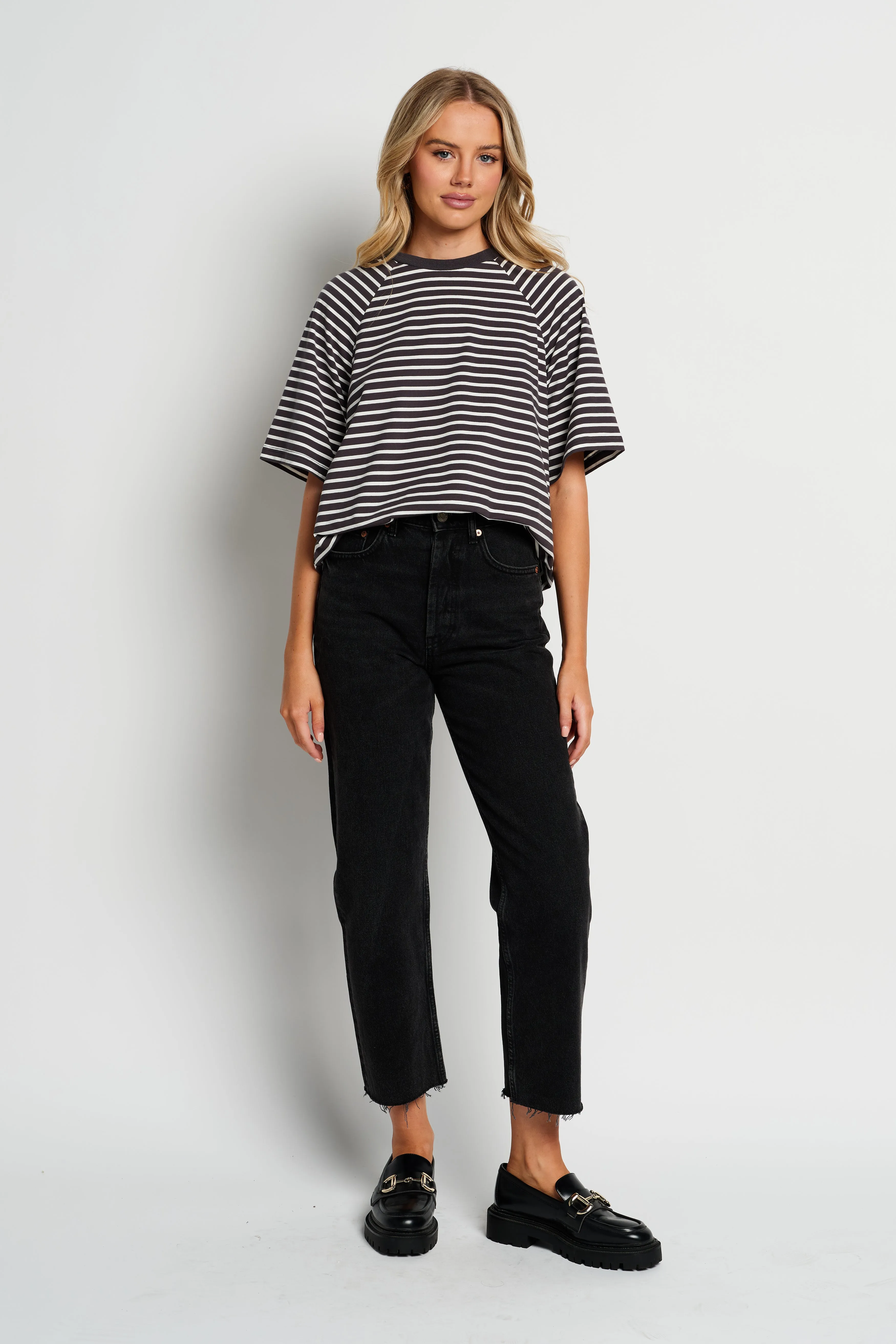 Classique Stripe Box-Cut Tee - Charcoal / White