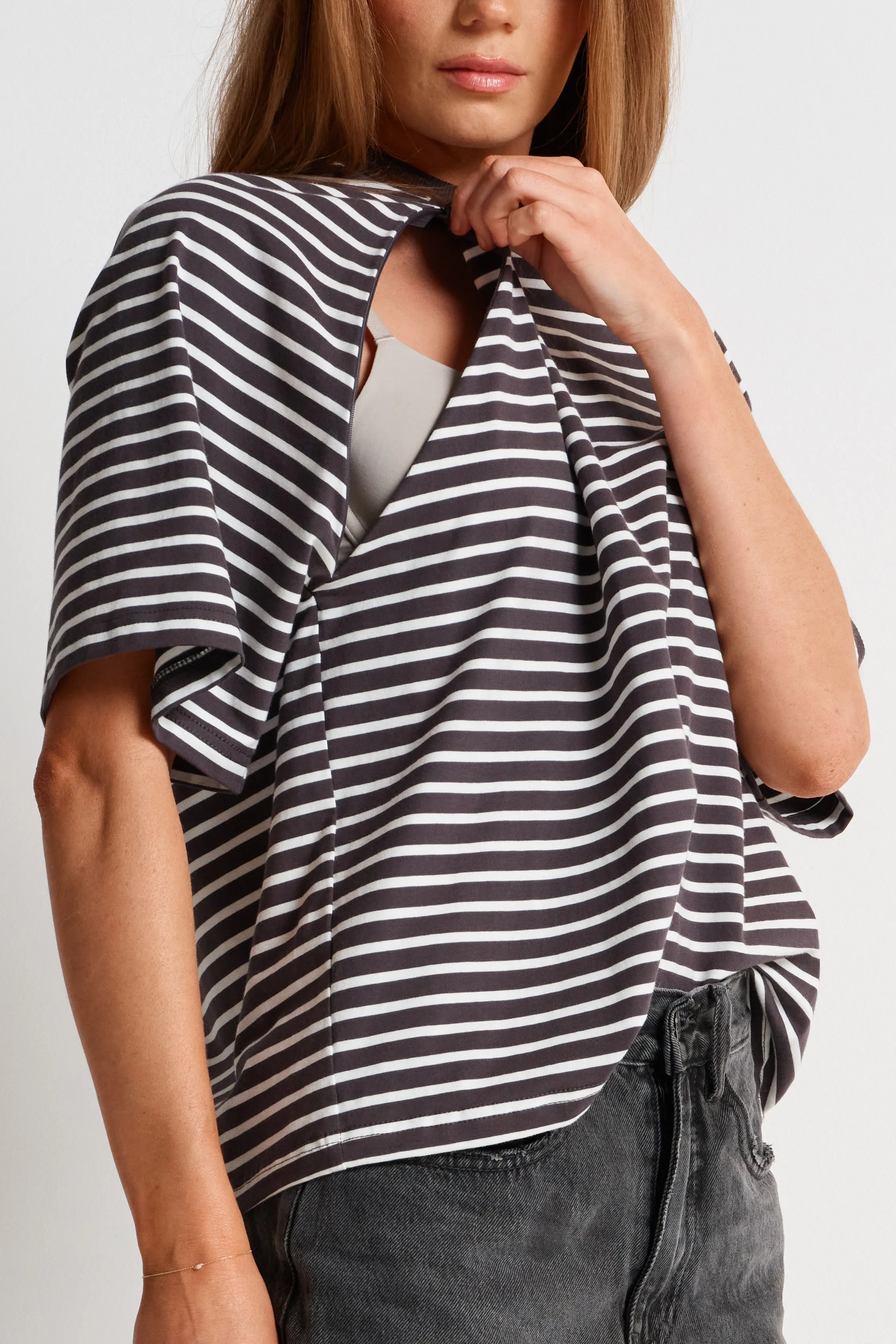 Classique Stripe Box-Cut Tee - Charcoal / White