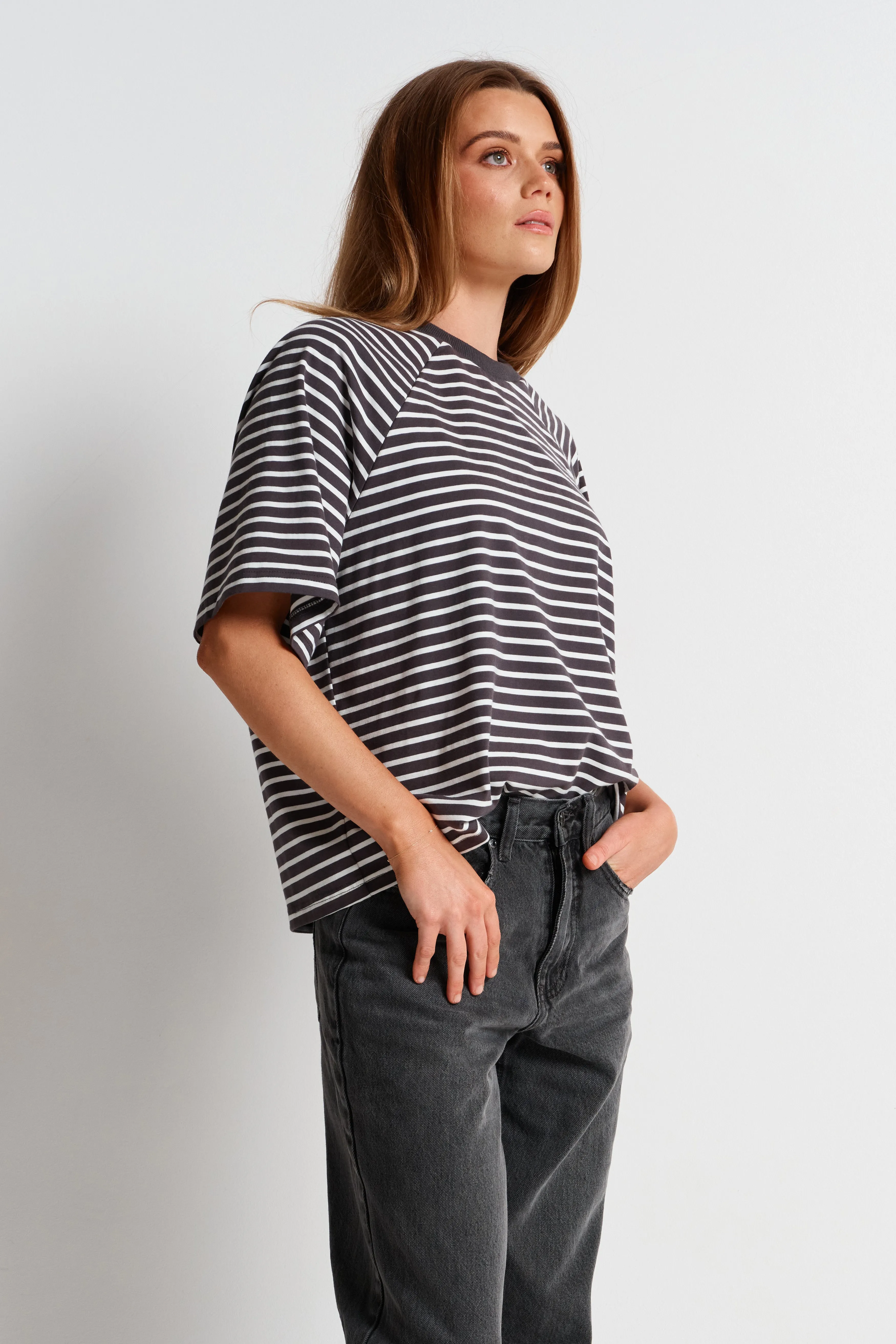 Classique Stripe Box-Cut Tee - Charcoal / White