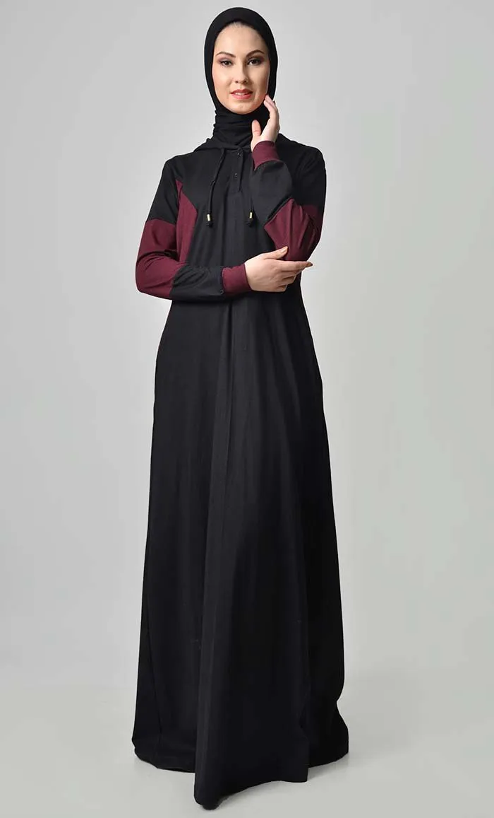 Comfy Color Contast Jersey Abaya - Black