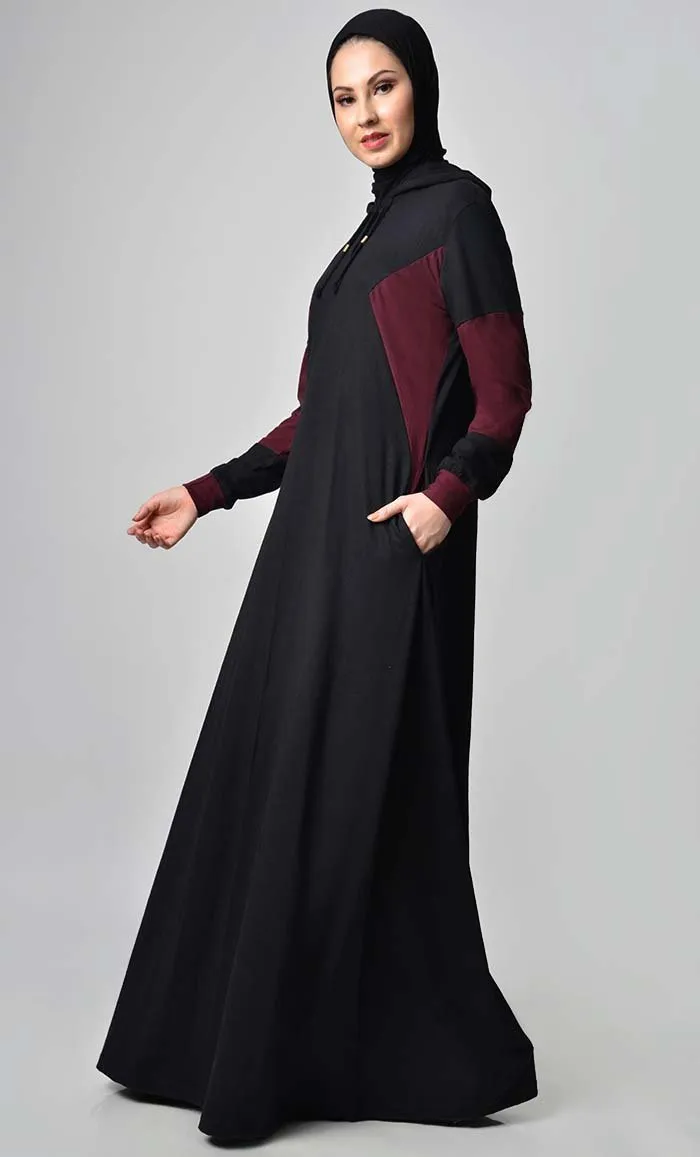 Comfy Color Contast Jersey Abaya - Black