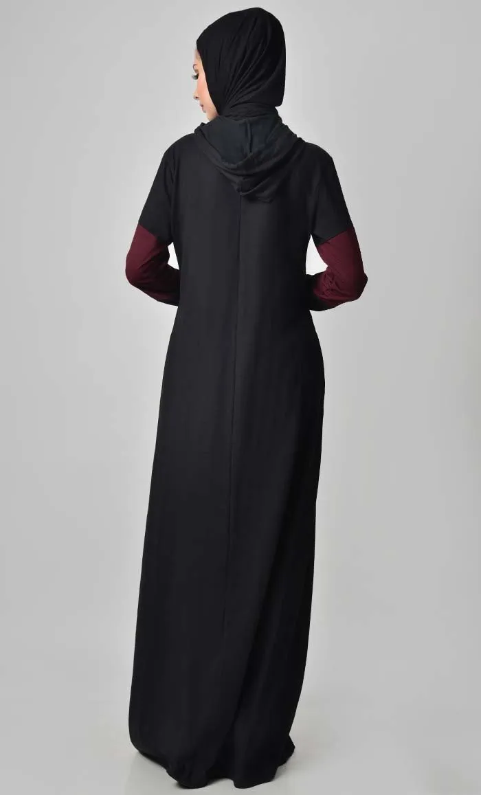 Comfy Color Contast Jersey Abaya - Black