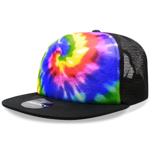 Decky 1079 5 Panel Tie Dye Trucker Hat, Tiedye Flat Bill Hat, Snapback