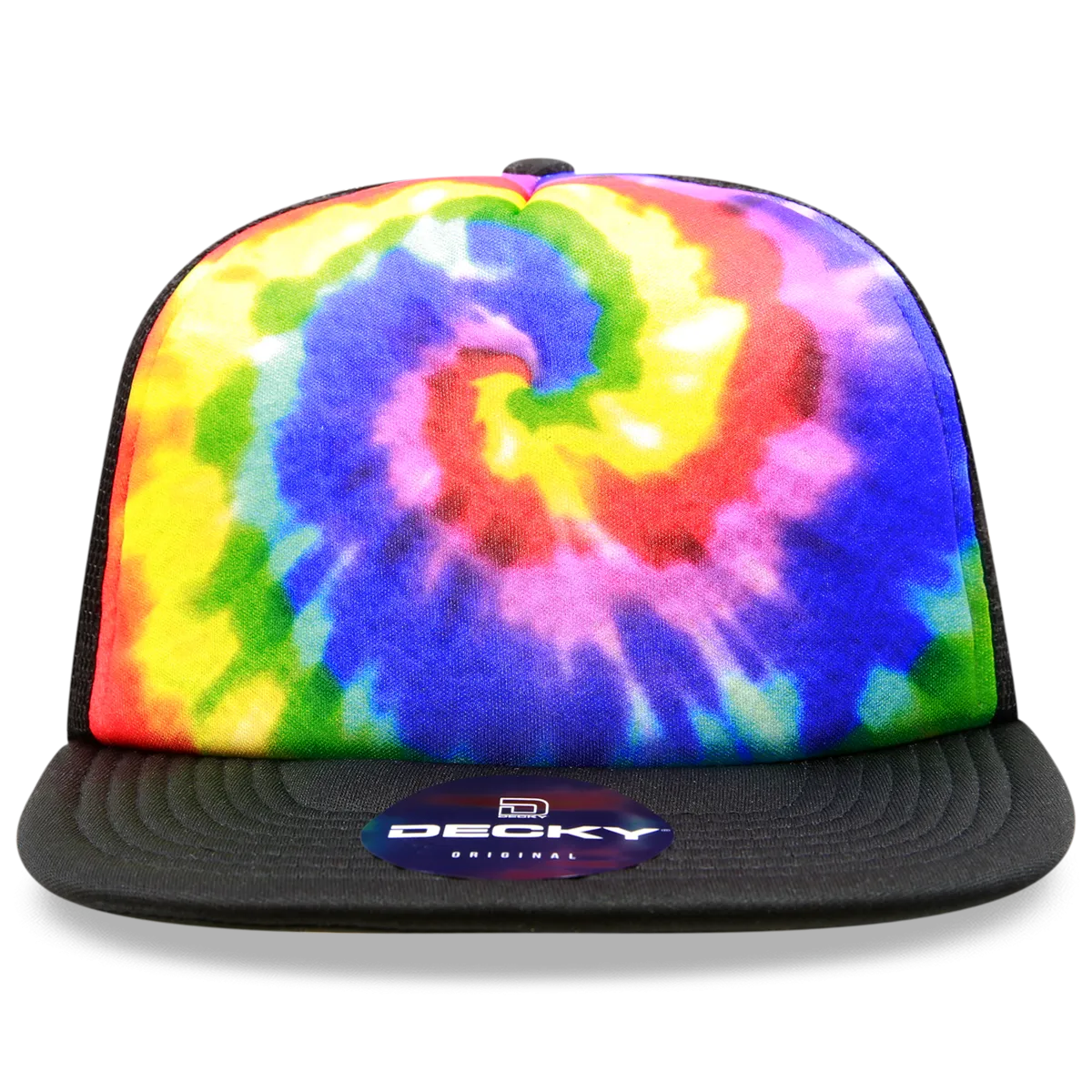 Decky 1079 5 Panel Tie Dye Trucker Hat, Tiedye Flat Bill Hat, Snapback