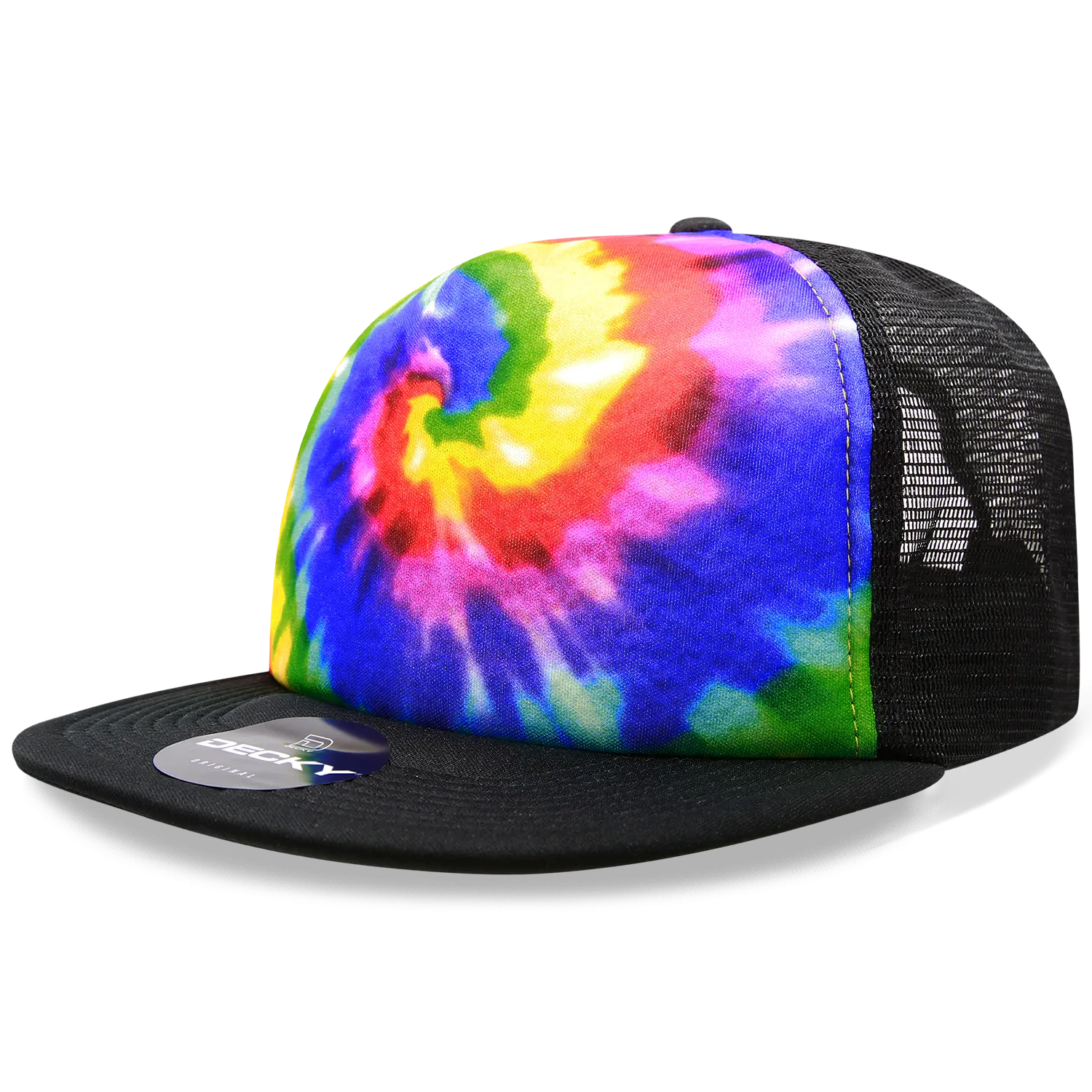 Decky 1079 5 Panel Tie Dye Trucker Hat, Tiedye Flat Bill Hat, Snapback