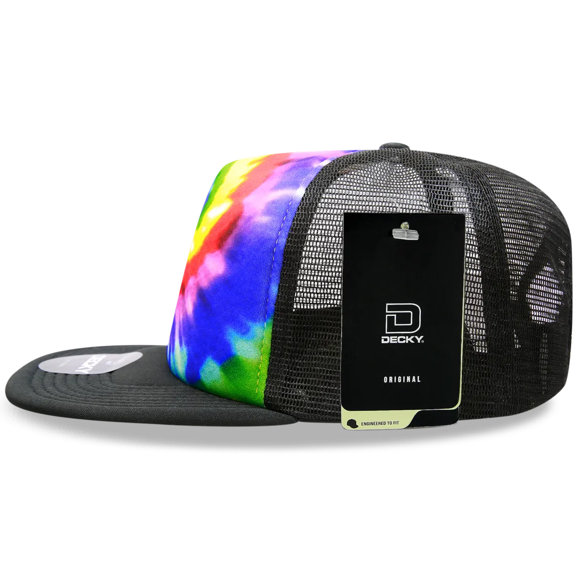 Decky 1079 5 Panel Tie Dye Trucker Hat, Tiedye Flat Bill Hat, Snapback