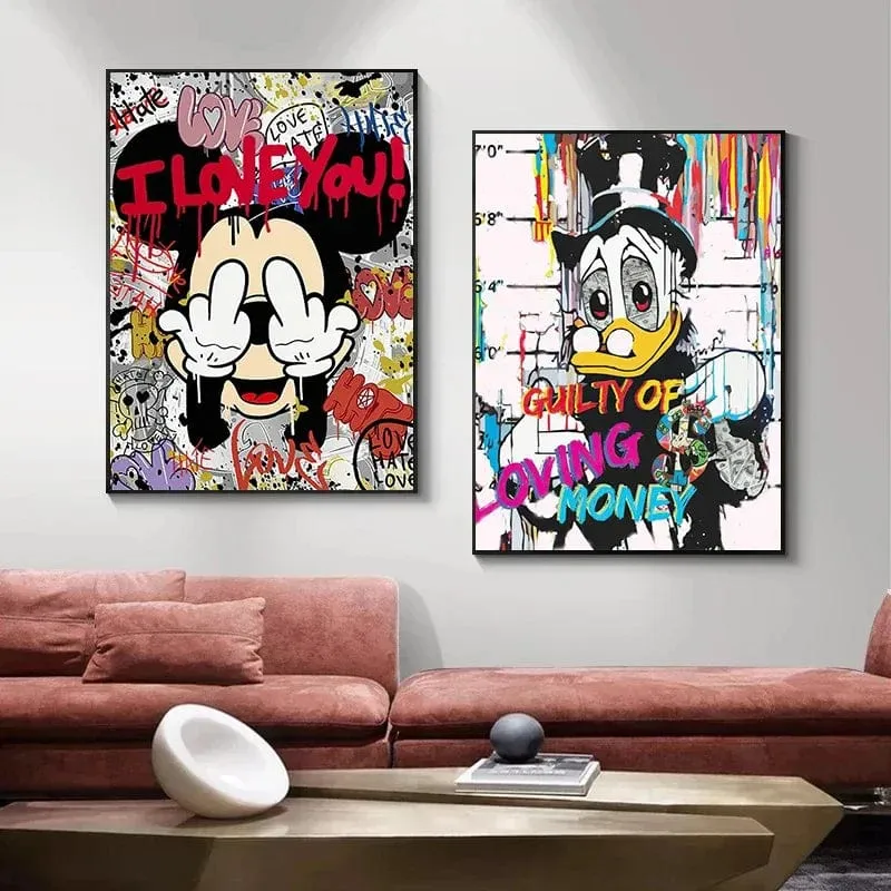 Disney Graffiti Cartoon Mickey Mouse and Donald Duck Canvas Paintings Art Prints