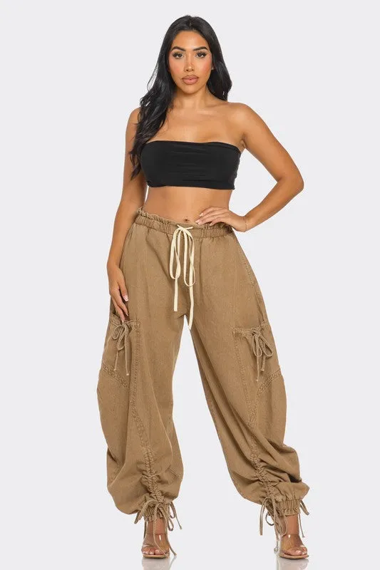 Drawstring Denim Cargo Pants