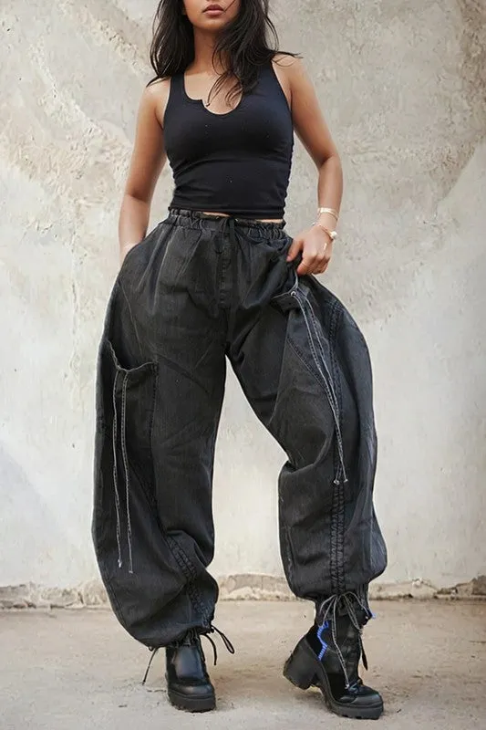 Drawstring Denim Cargo Pants