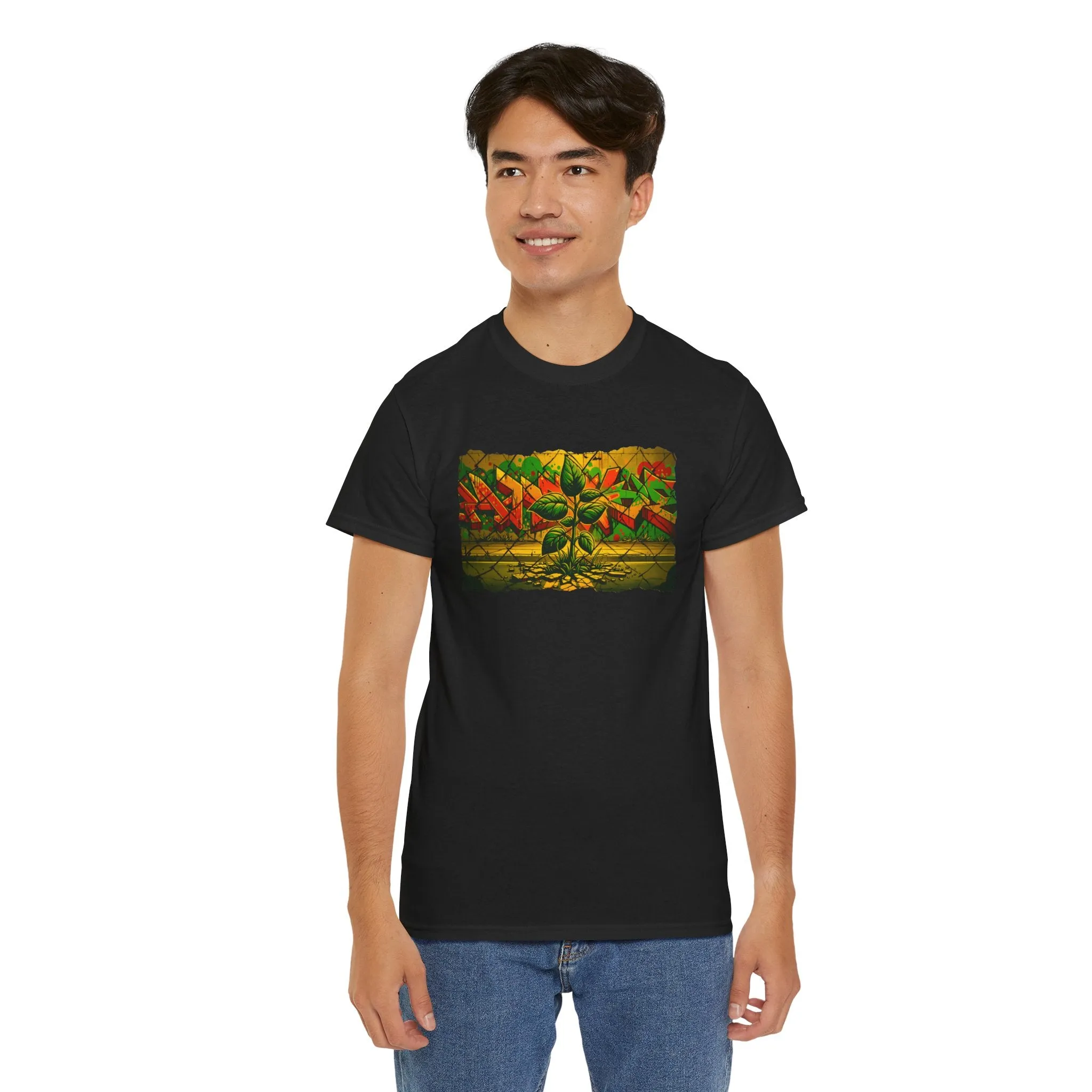 Graphic Art Skater Tee with Urban Nature and Graffiti Design