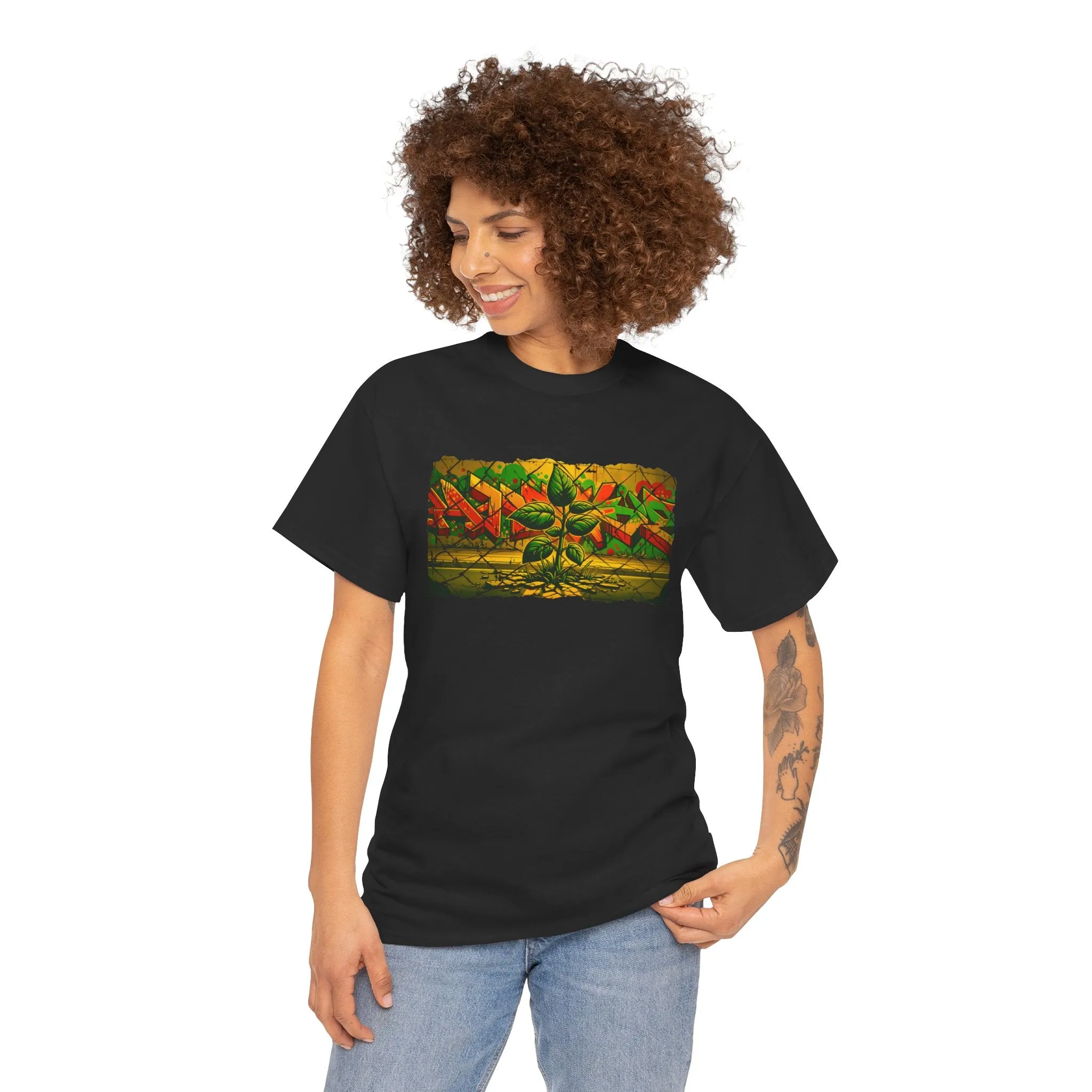 Graphic Art Skater Tee with Urban Nature and Graffiti Design