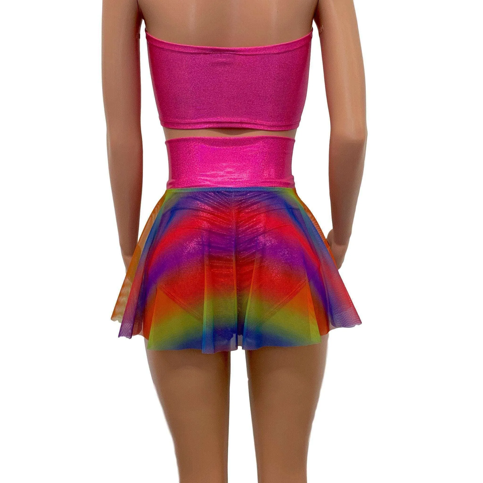 Lace-Up Corset Skirt - Rainbow Mesh w/Pink Sparkle