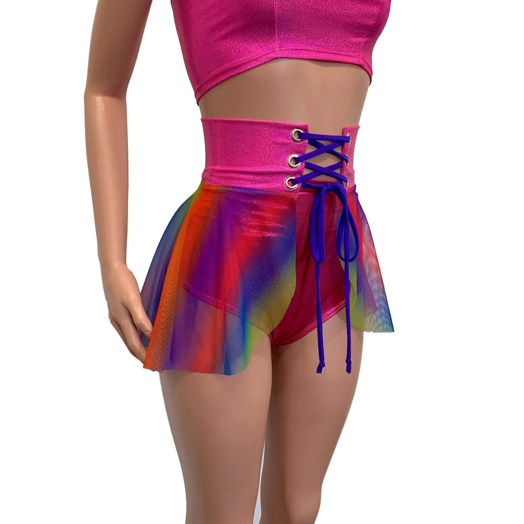 Lace-Up Corset Skirt - Rainbow Mesh w/Pink Sparkle