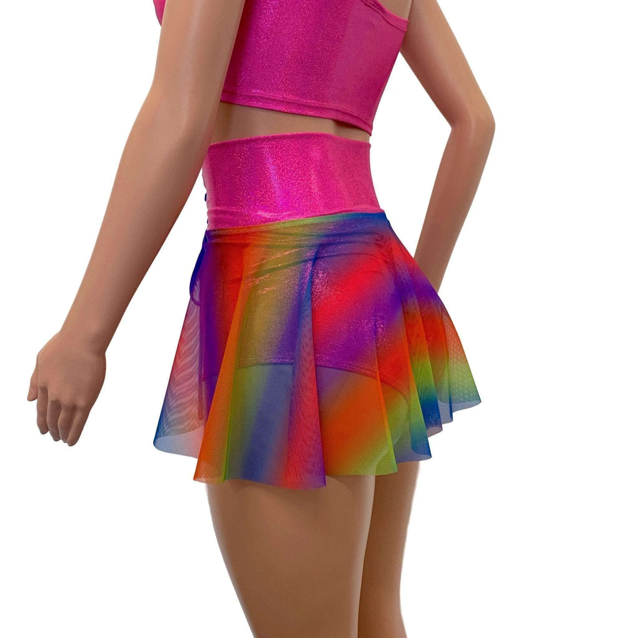 Lace-Up Corset Skirt - Rainbow Mesh w/Pink Sparkle