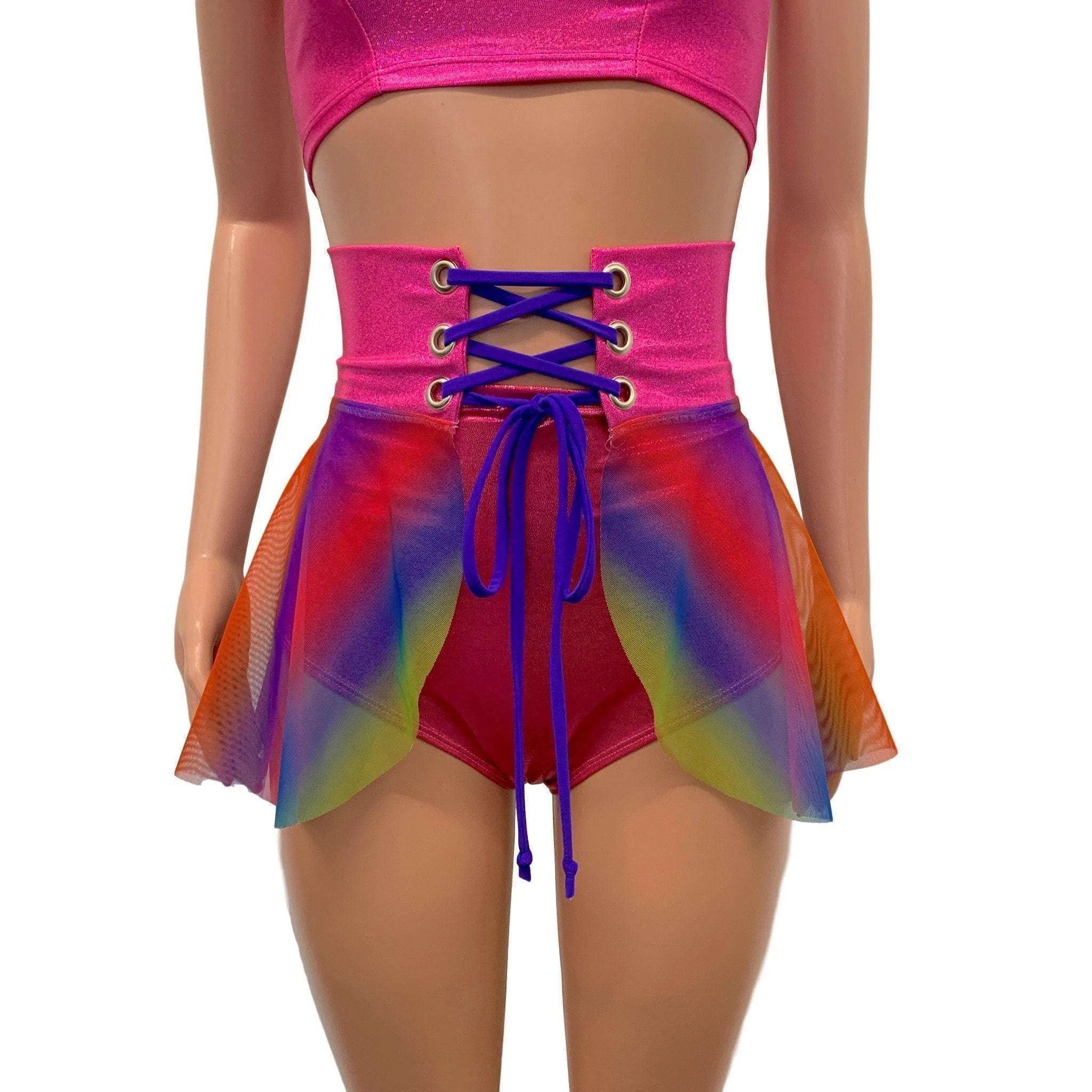 Lace-Up Corset Skirt - Rainbow Mesh w/Pink Sparkle