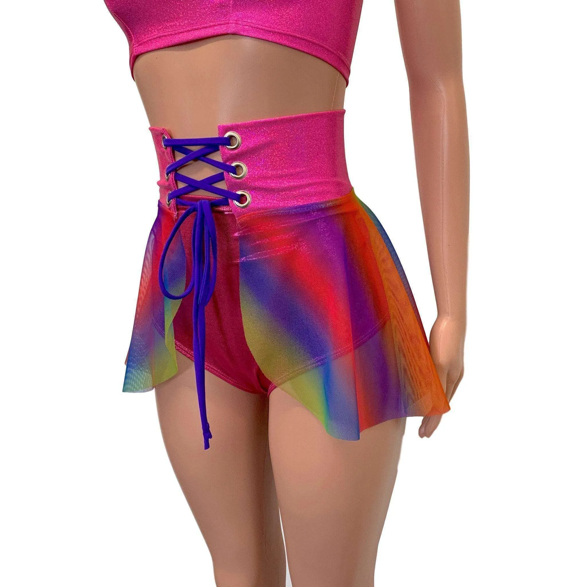 Lace-Up Corset Skirt - Rainbow Mesh w/Pink Sparkle