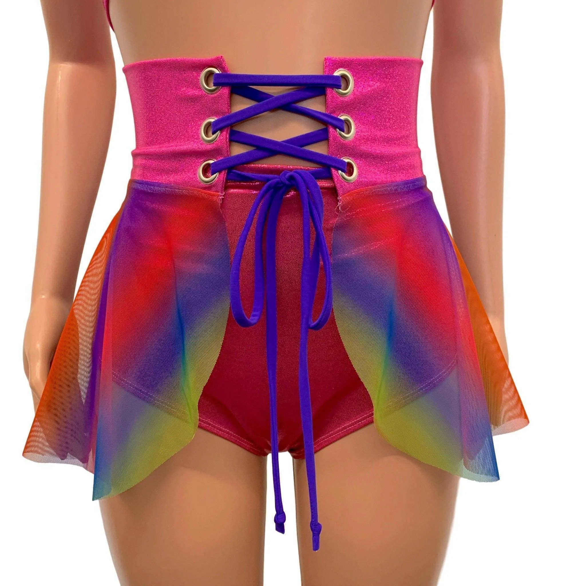 Lace-Up Corset Skirt - Rainbow Mesh w/Pink Sparkle