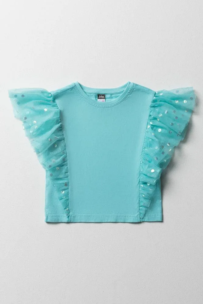 Mesh Frill Sleeve Top Turquoise