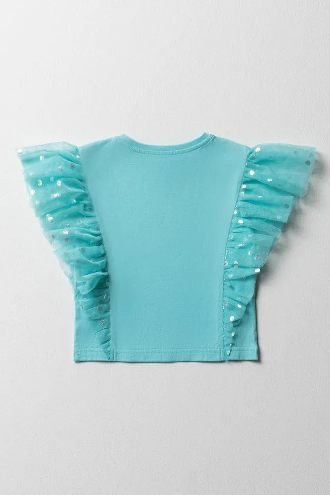 Mesh Frill Sleeve Top Turquoise