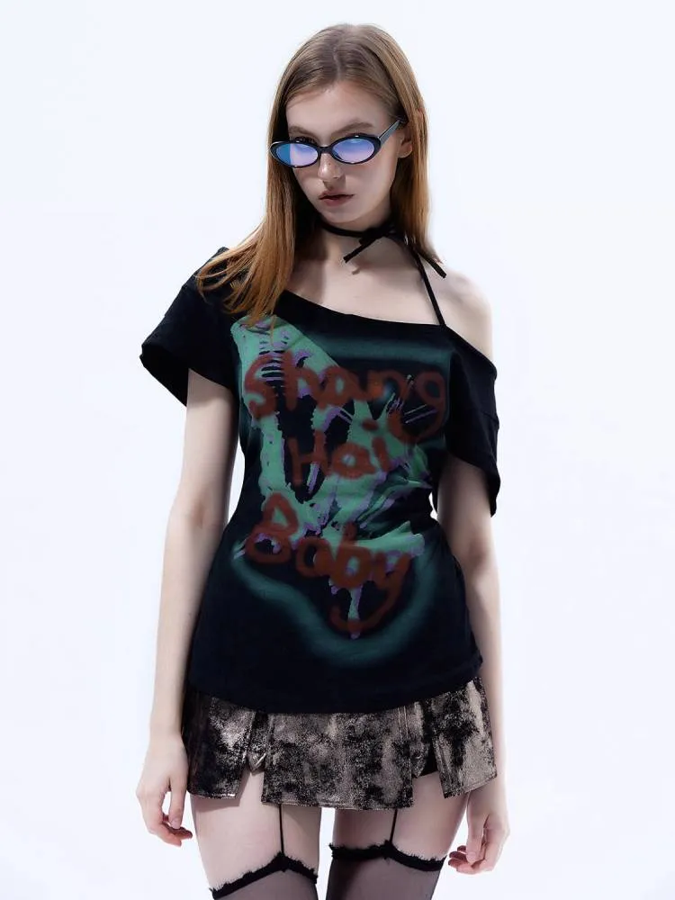 Off-shoulder Graffiti Print Top with Choker Detail