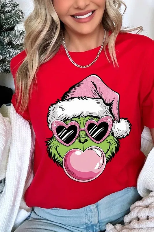 Pink Blowing Bubble Grinch Graphic Tee