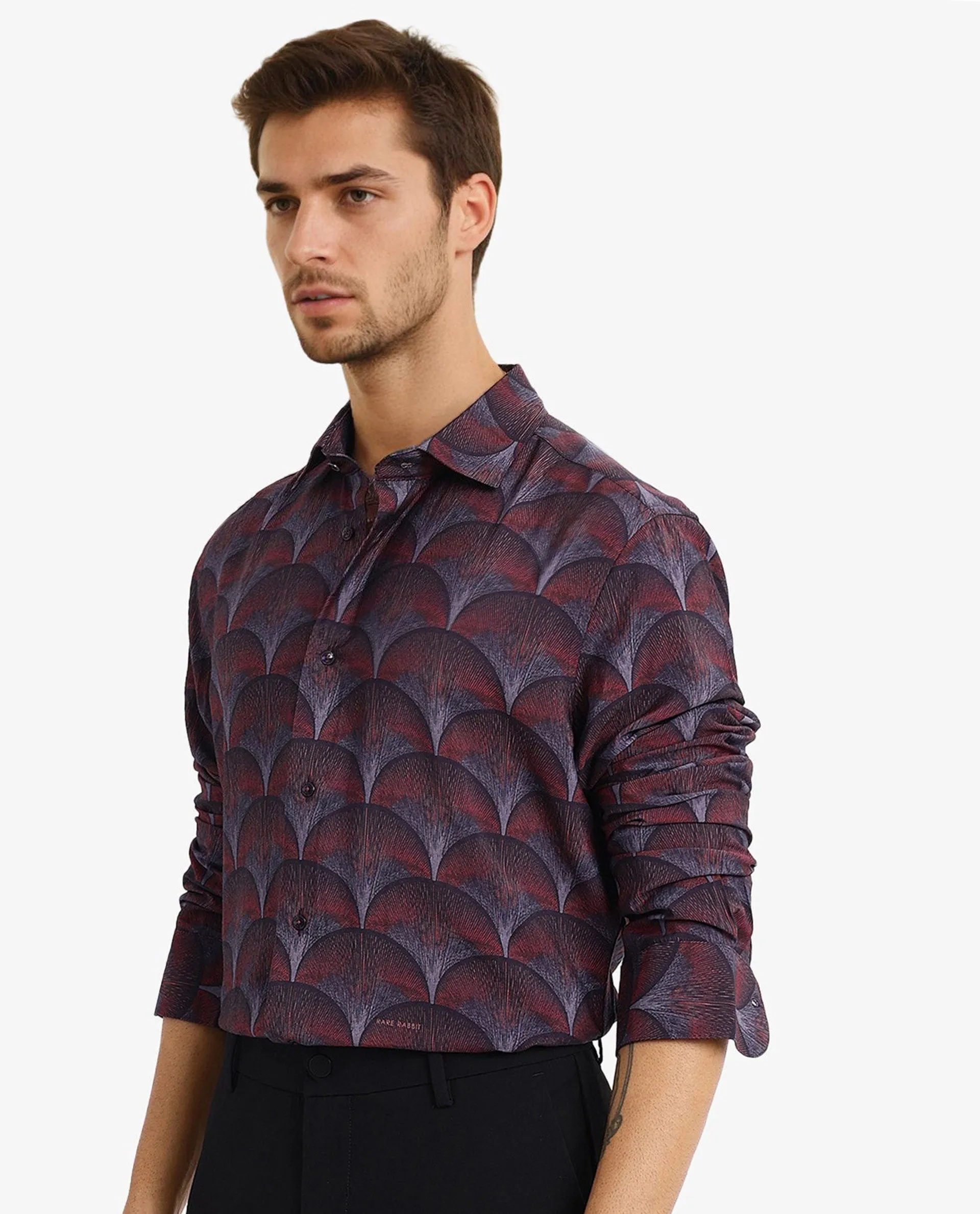 Rare Rabbit Men Lizan Maroon Viscose Nylon Fabric Full Sleeve Regular Fit Abstract Print Shirt