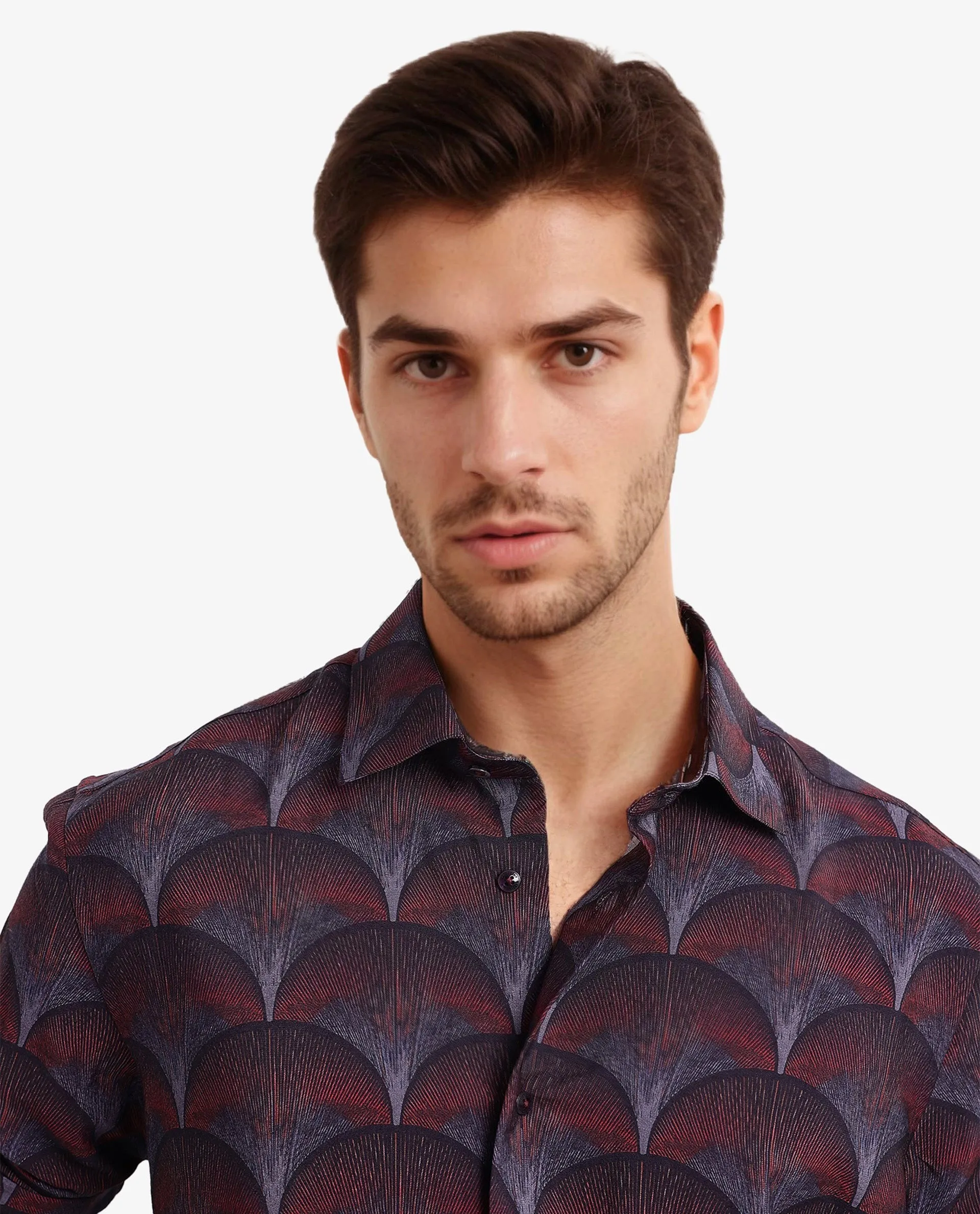 Rare Rabbit Men Lizan Maroon Viscose Nylon Fabric Full Sleeve Regular Fit Abstract Print Shirt