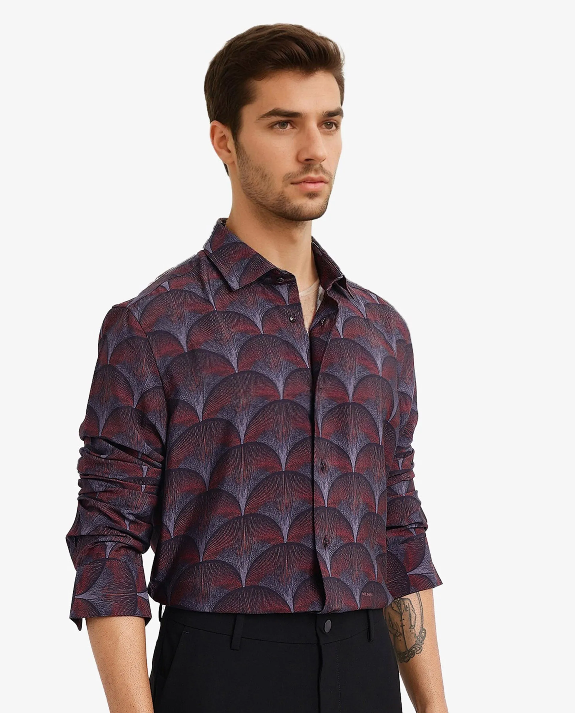 Rare Rabbit Men Lizan Maroon Viscose Nylon Fabric Full Sleeve Regular Fit Abstract Print Shirt