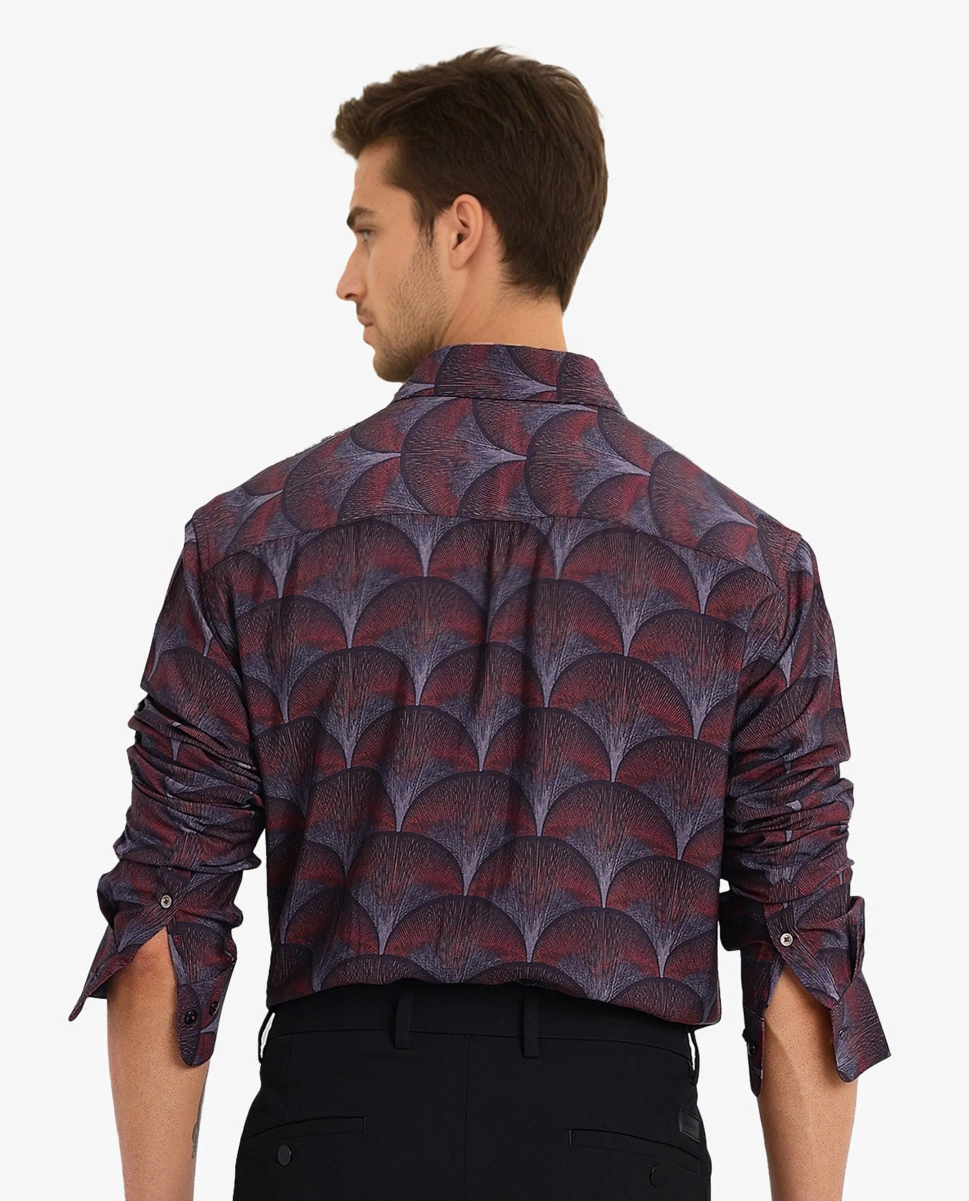 Rare Rabbit Men Lizan Maroon Viscose Nylon Fabric Full Sleeve Regular Fit Abstract Print Shirt