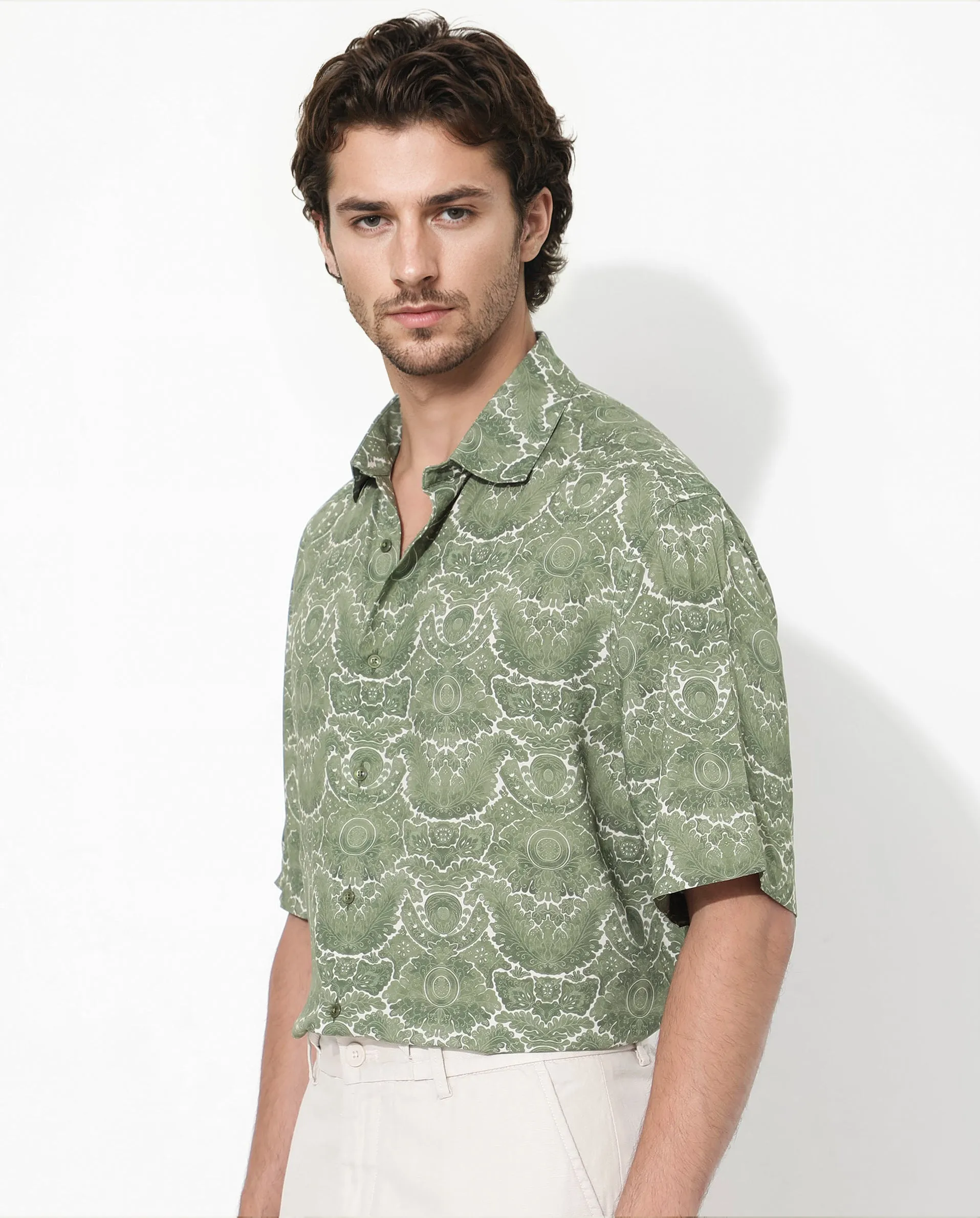 Rare Rabbit Men's Picano Dusky Green Viscose Fabric Short Sleeve Abstract Floral Print Shirt