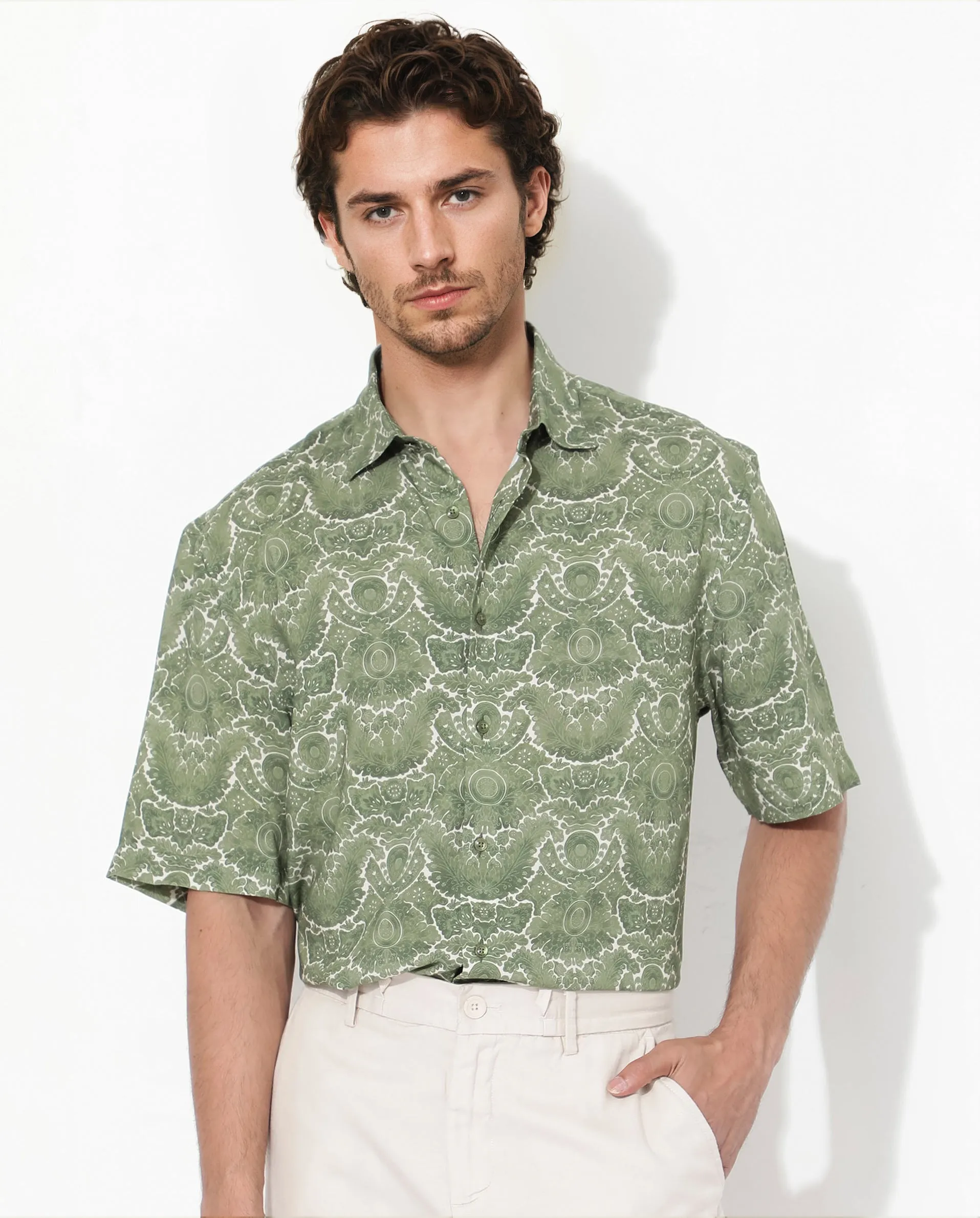 Rare Rabbit Men's Picano Dusky Green Viscose Fabric Short Sleeve Abstract Floral Print Shirt