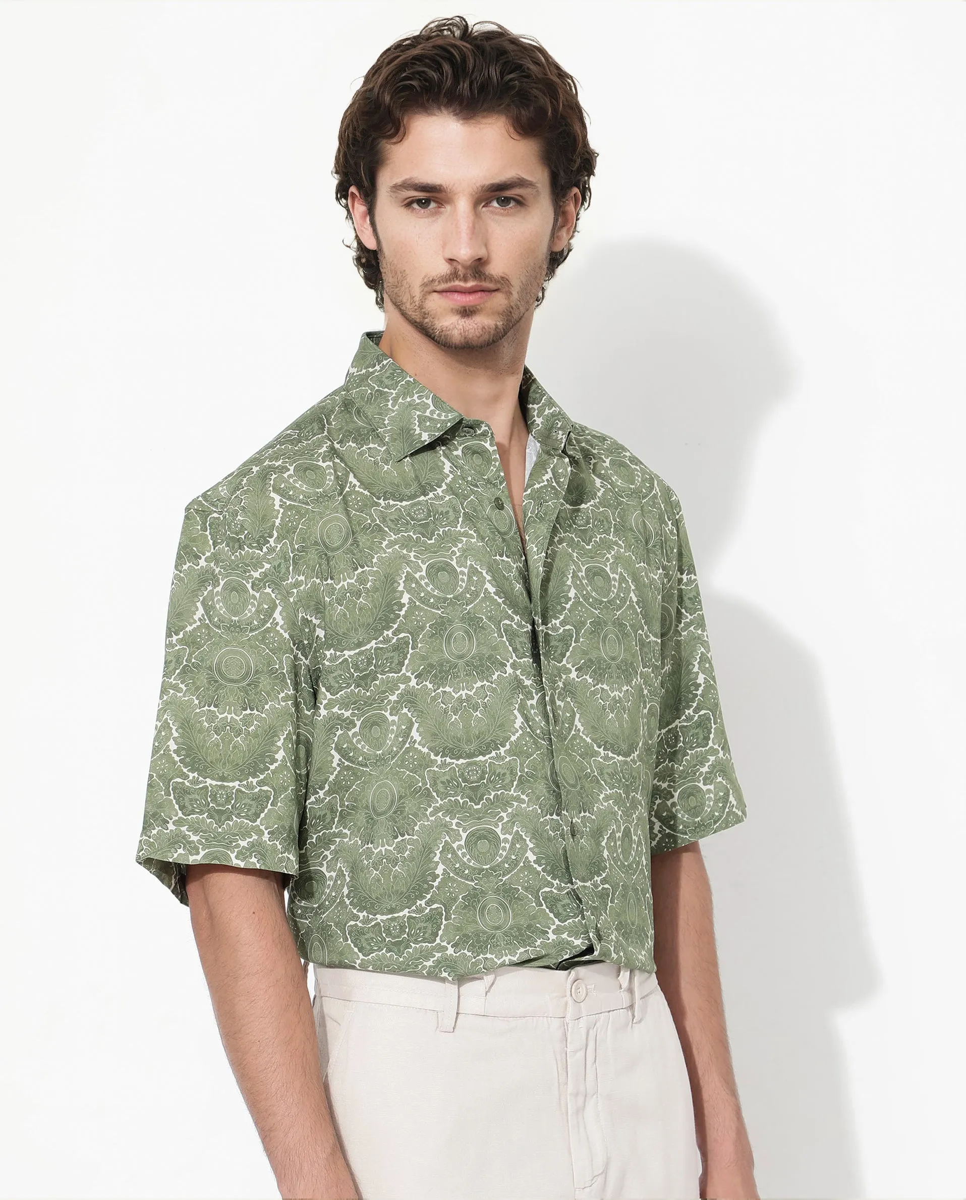 Rare Rabbit Men's Picano Dusky Green Viscose Fabric Short Sleeve Abstract Floral Print Shirt