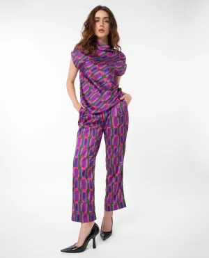 Rareism Women Eista Purple Polyester Fabric Relaxed Fit Geometric Print Ankle Length Trousers