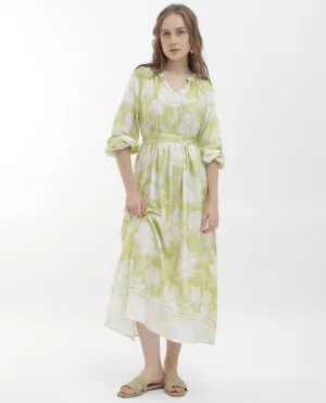 Rareism Women Emil Green Cotton Fabric Full Sleeves Tie-Up Closure Mandarin Collar Raglan Sleeve Fit And Flare Floral Print Maxi Dress