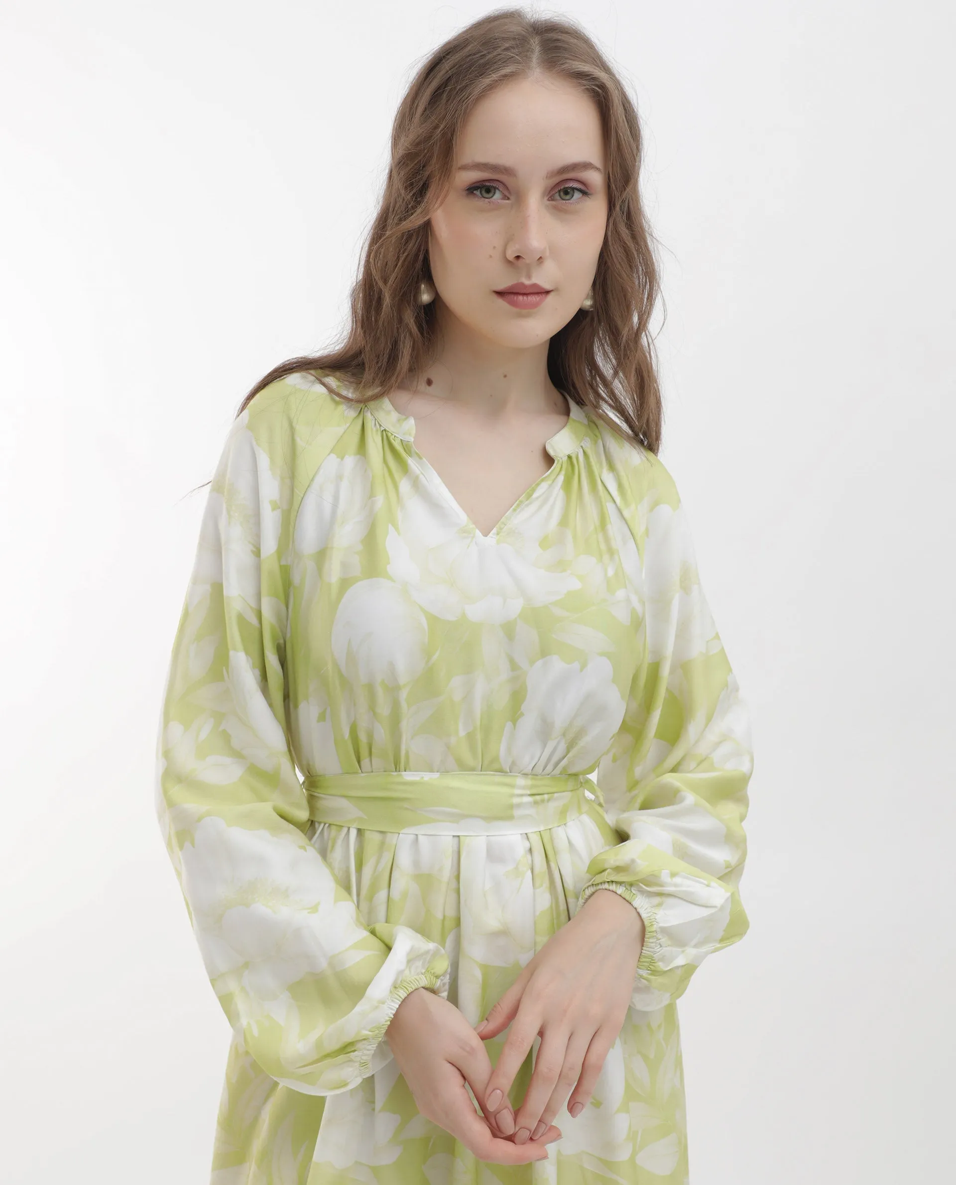 Rareism Women Emil Green Cotton Fabric Full Sleeves Tie-Up Closure Mandarin Collar Raglan Sleeve Fit And Flare Floral Print Maxi Dress