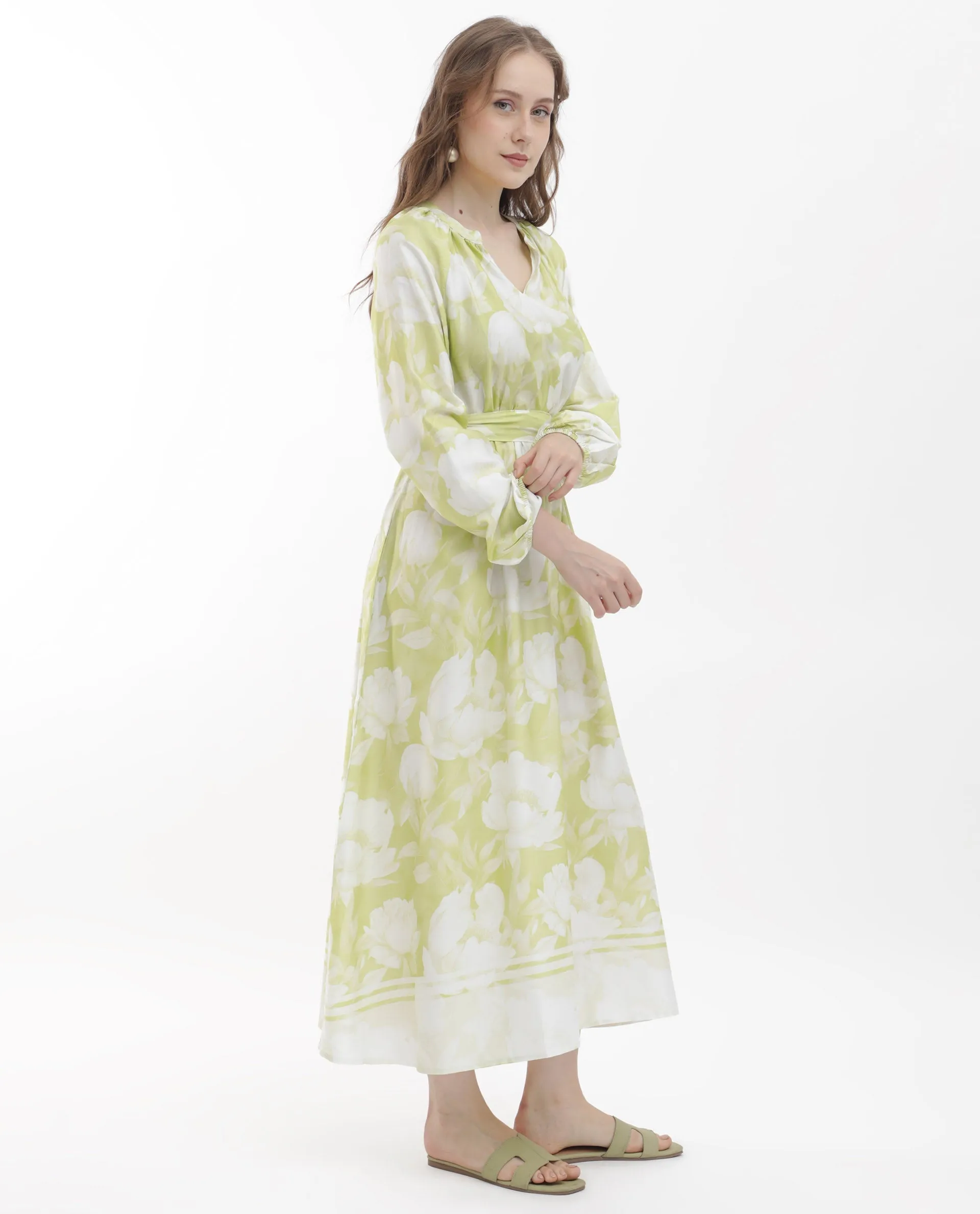 Rareism Women Emil Green Cotton Fabric Full Sleeves Tie-Up Closure Mandarin Collar Raglan Sleeve Fit And Flare Floral Print Maxi Dress